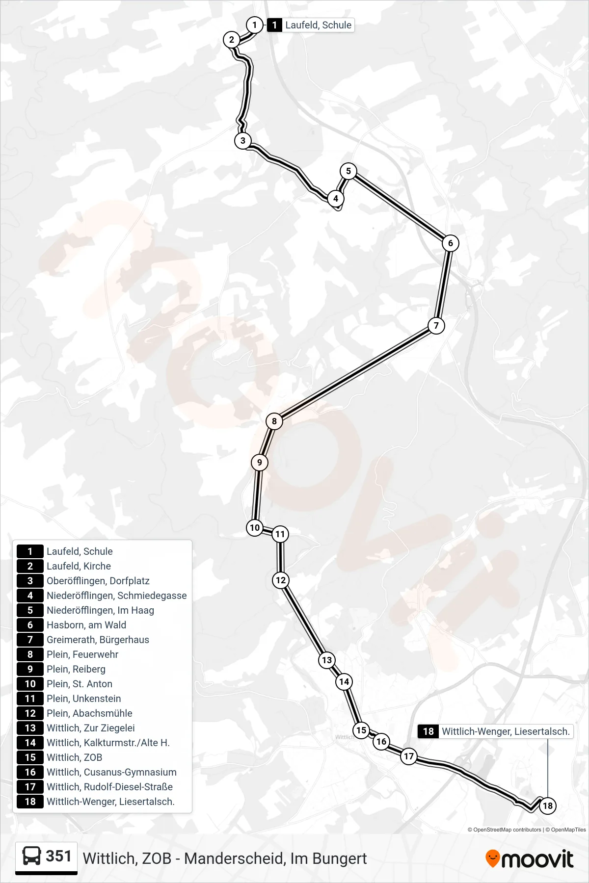 351 tram Line (Wittlich-Wenger, Liesertalsch.) route and stops on a map