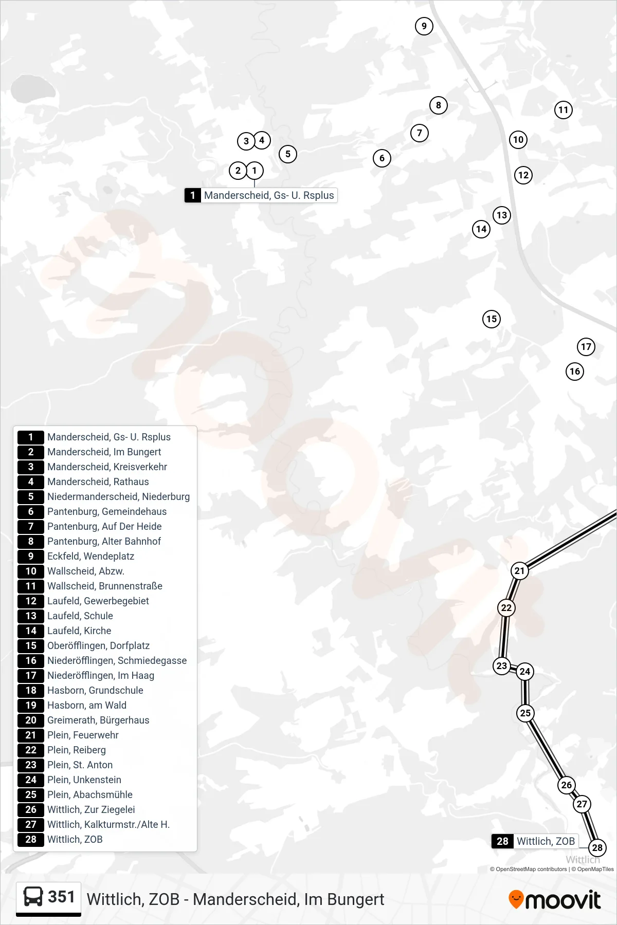 351 tram Line (Wittlich, ZOB) route and stops on a map