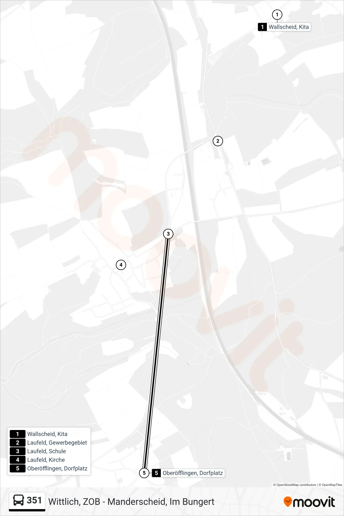 351 tram Line (Oberöfflingen, Dorfplatz) route and stops on a map