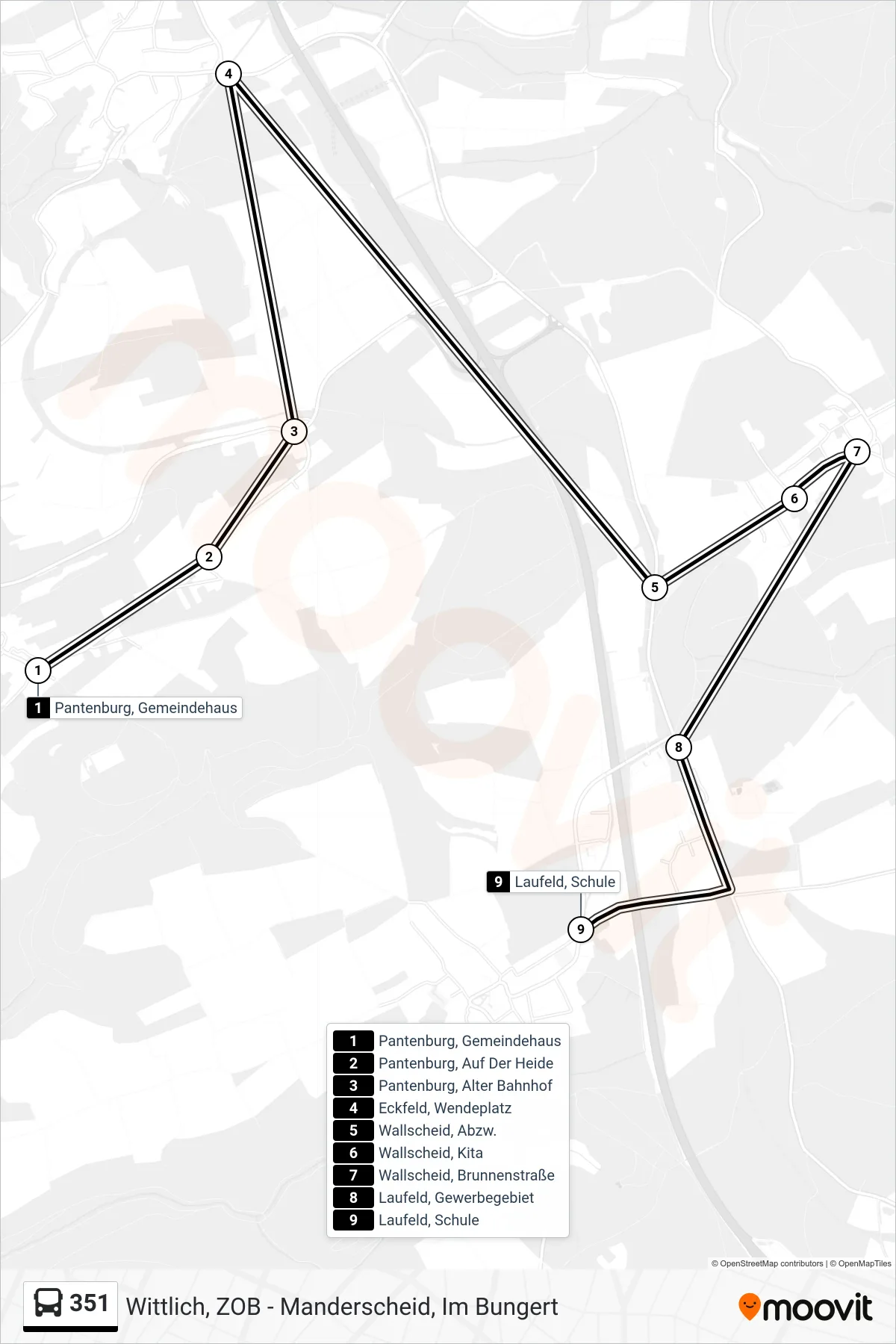 351 tram Line (Laufeld, Schule) route and stops on a map