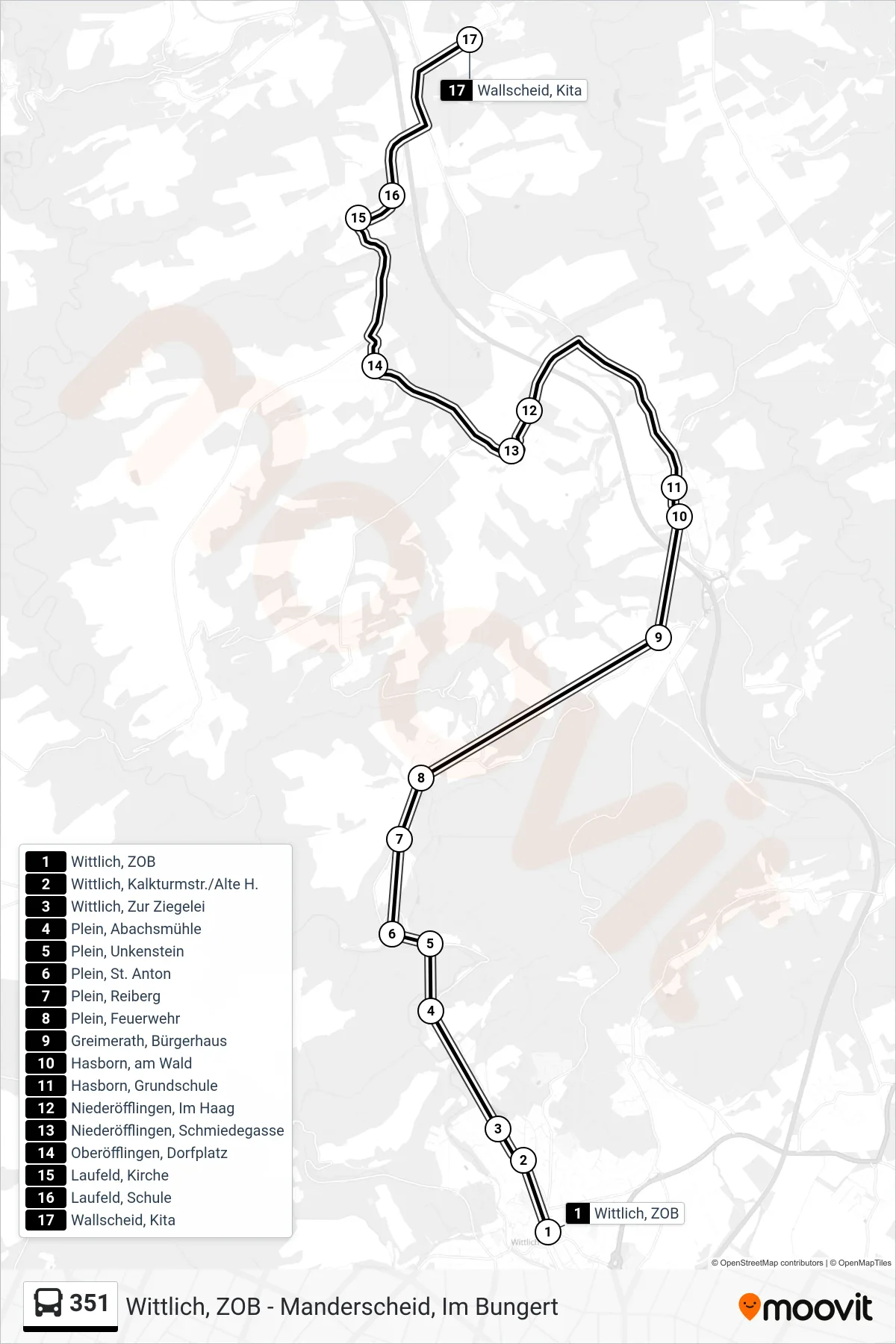 351 tram Line (Wallscheid, Kita) route and stops on a map