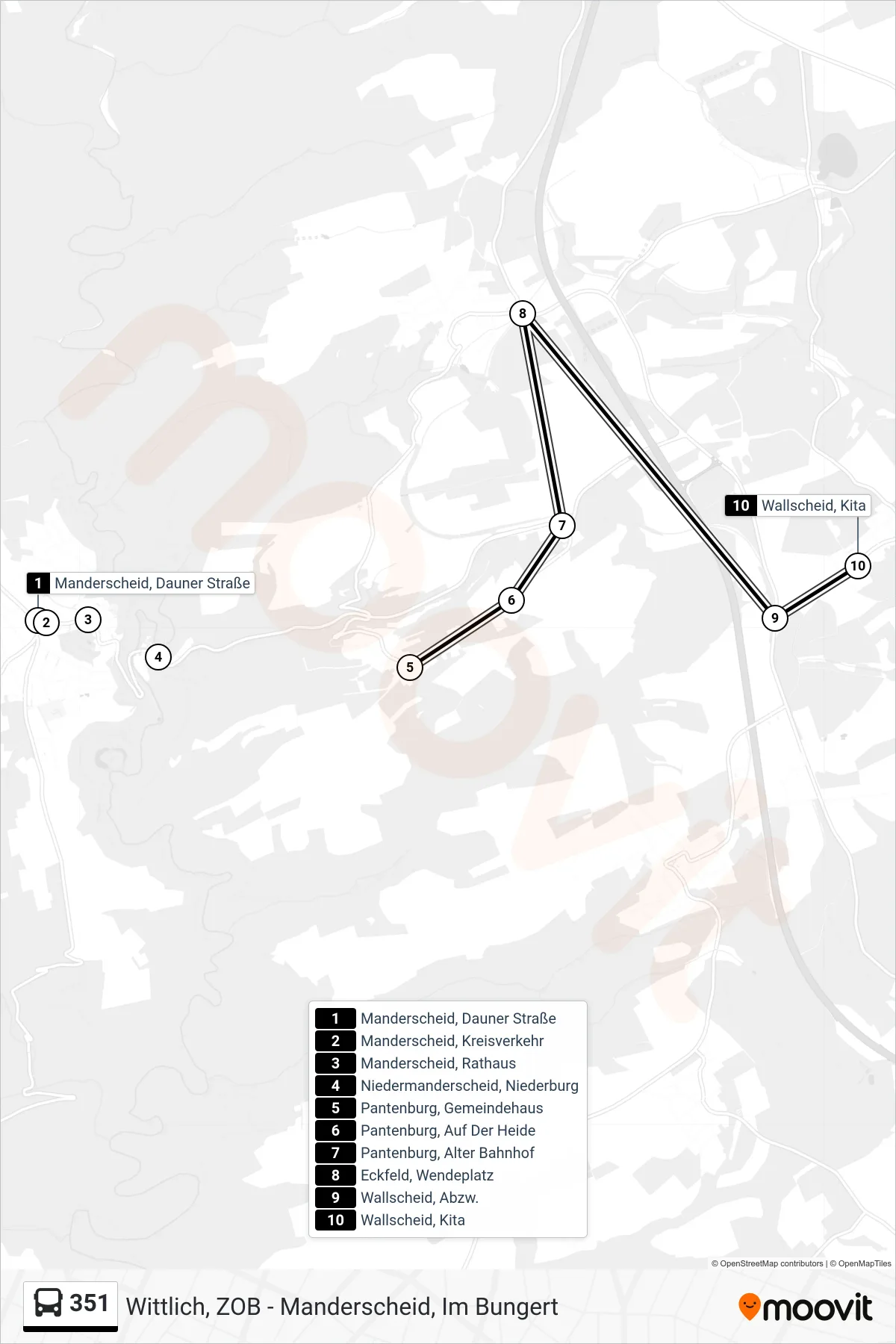 351 tram Line (Wallscheid, Kita) route and stops on a map