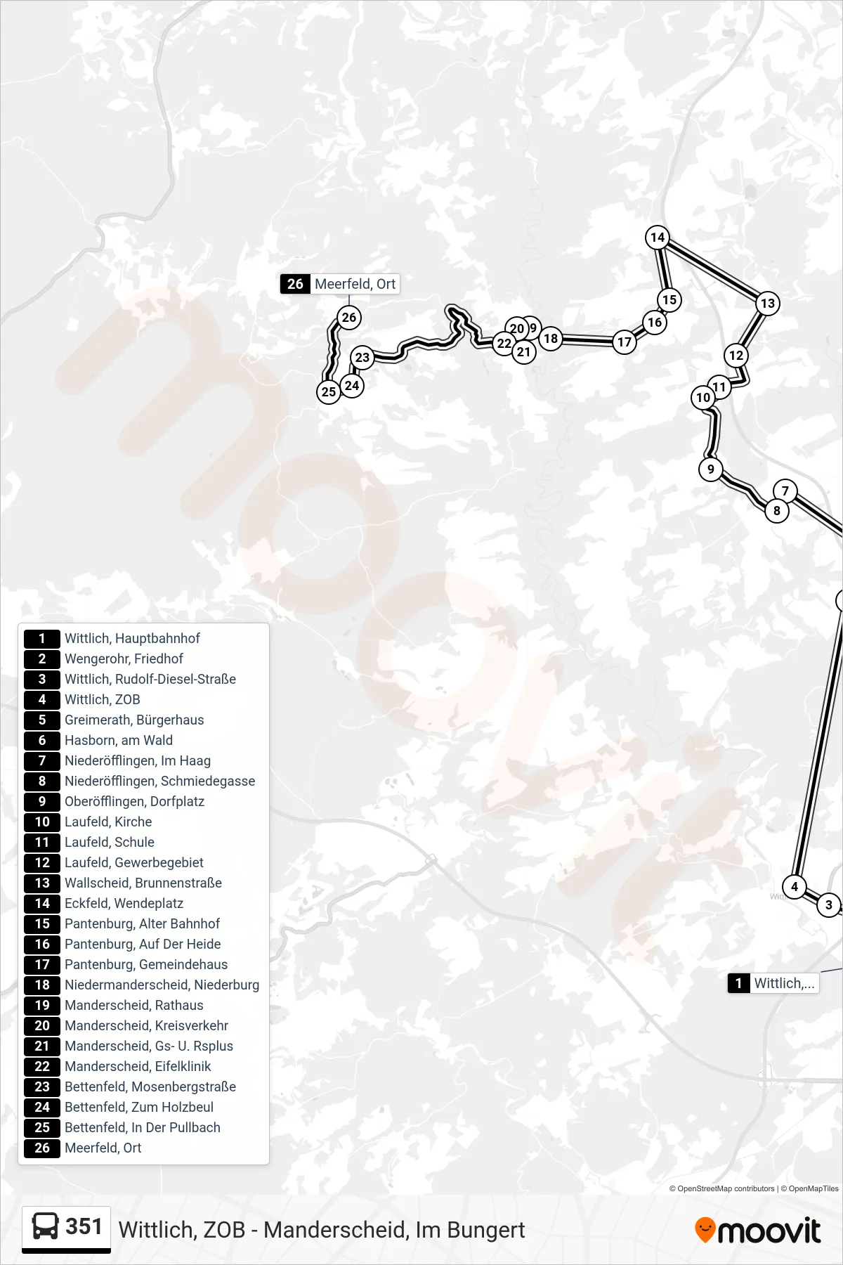 351 tram Line (Meerfeld, Ort) route and stops on a map