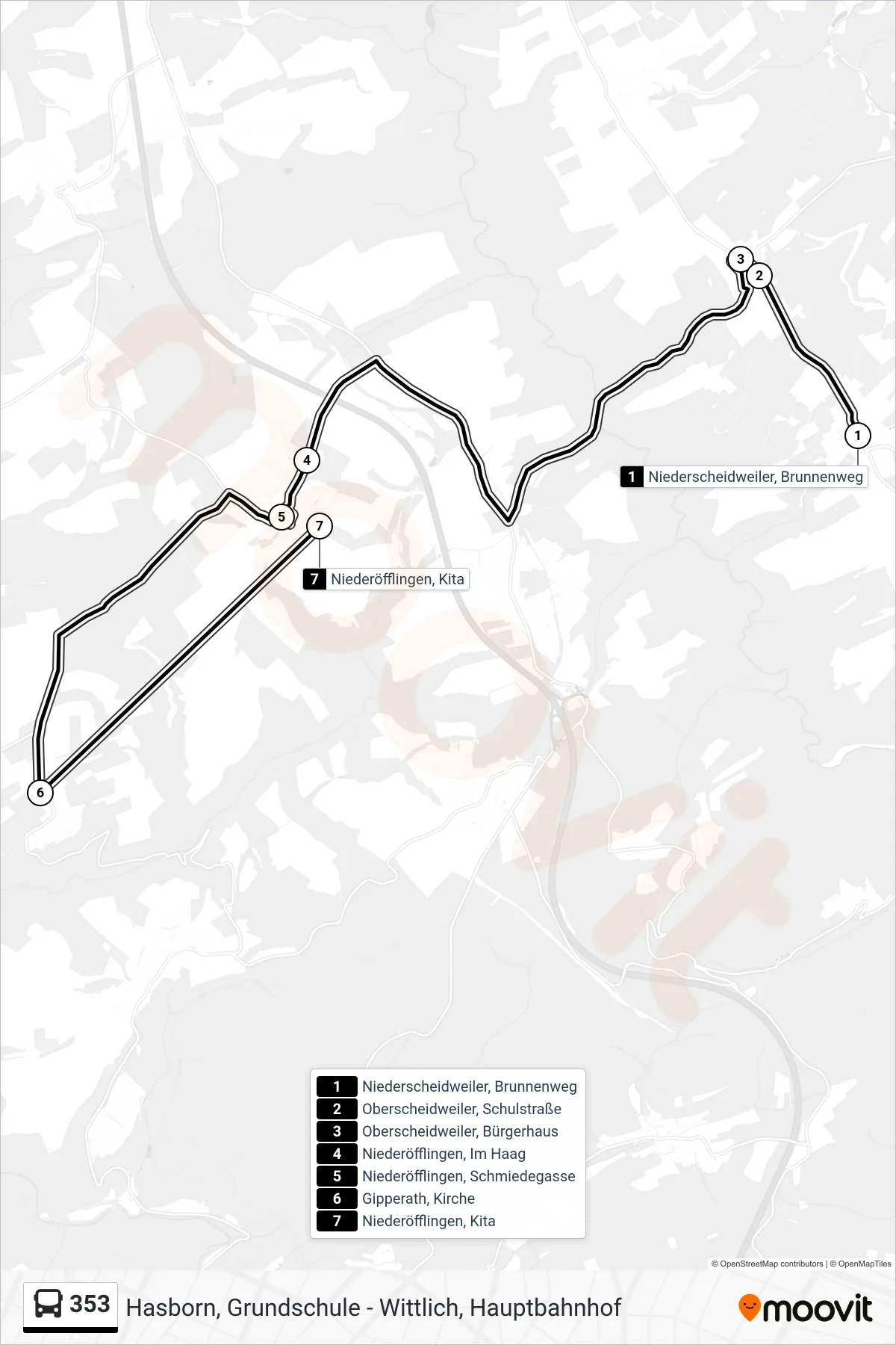 353 tram Line (Niederöfflingen, Kita) route and stops on a map