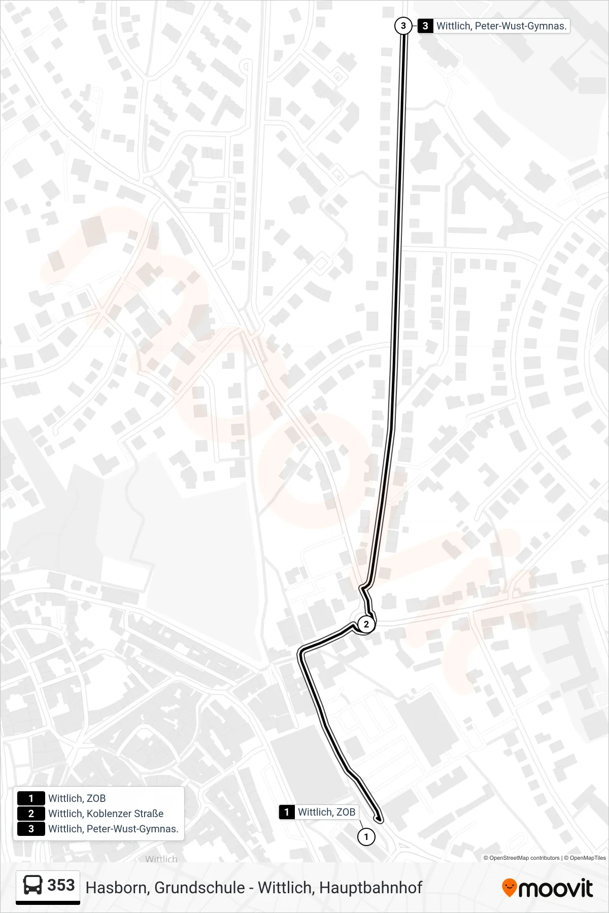 353 tram Line (Wittlich, Peter-Wust-Gymnas.) route and stops on a map