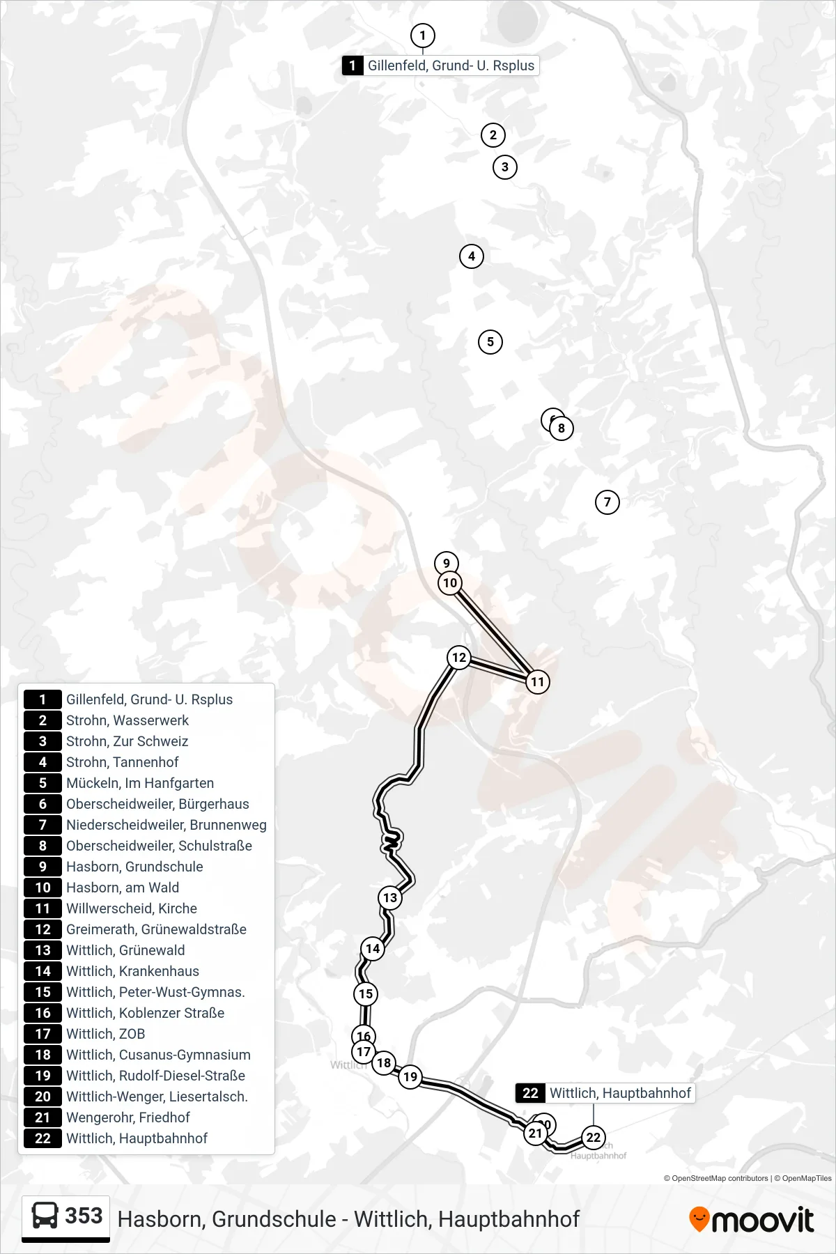353 tram Line (Wittlich, Hauptbahnhof) route and stops on a map