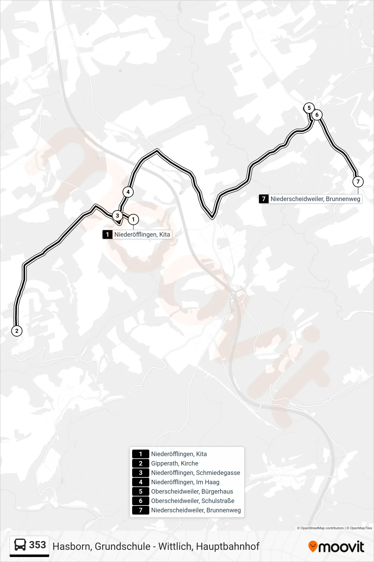 353 tram Line (Niederscheidweiler, Brunnenweg) route and stops on a map