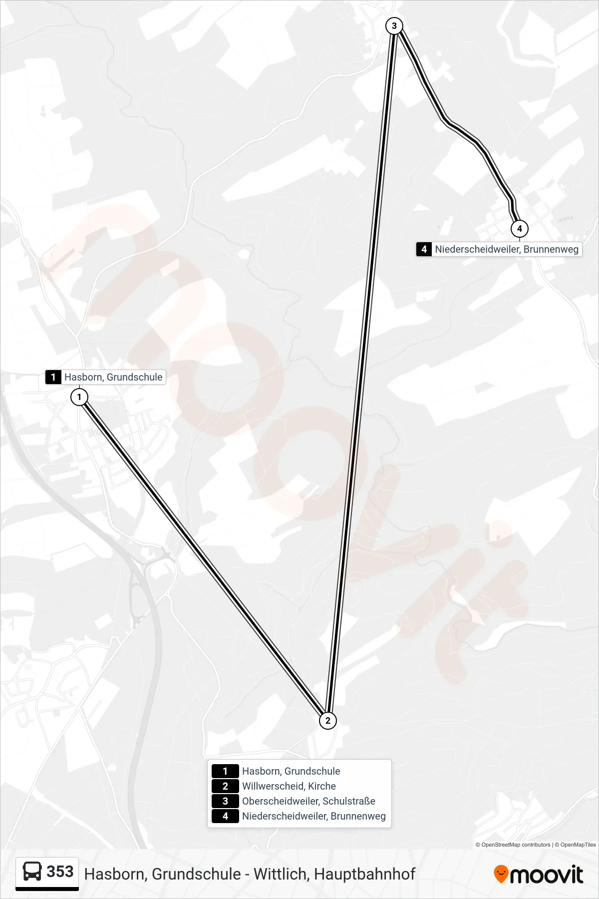 353 tram Line (Niederscheidweiler, Brunnenweg) route and stops on a map