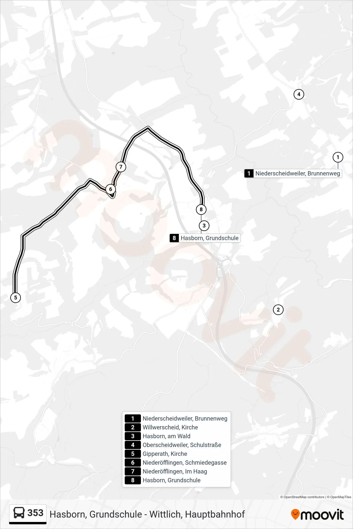 353 tram Line (Hasborn, Grundschule) route and stops on a map