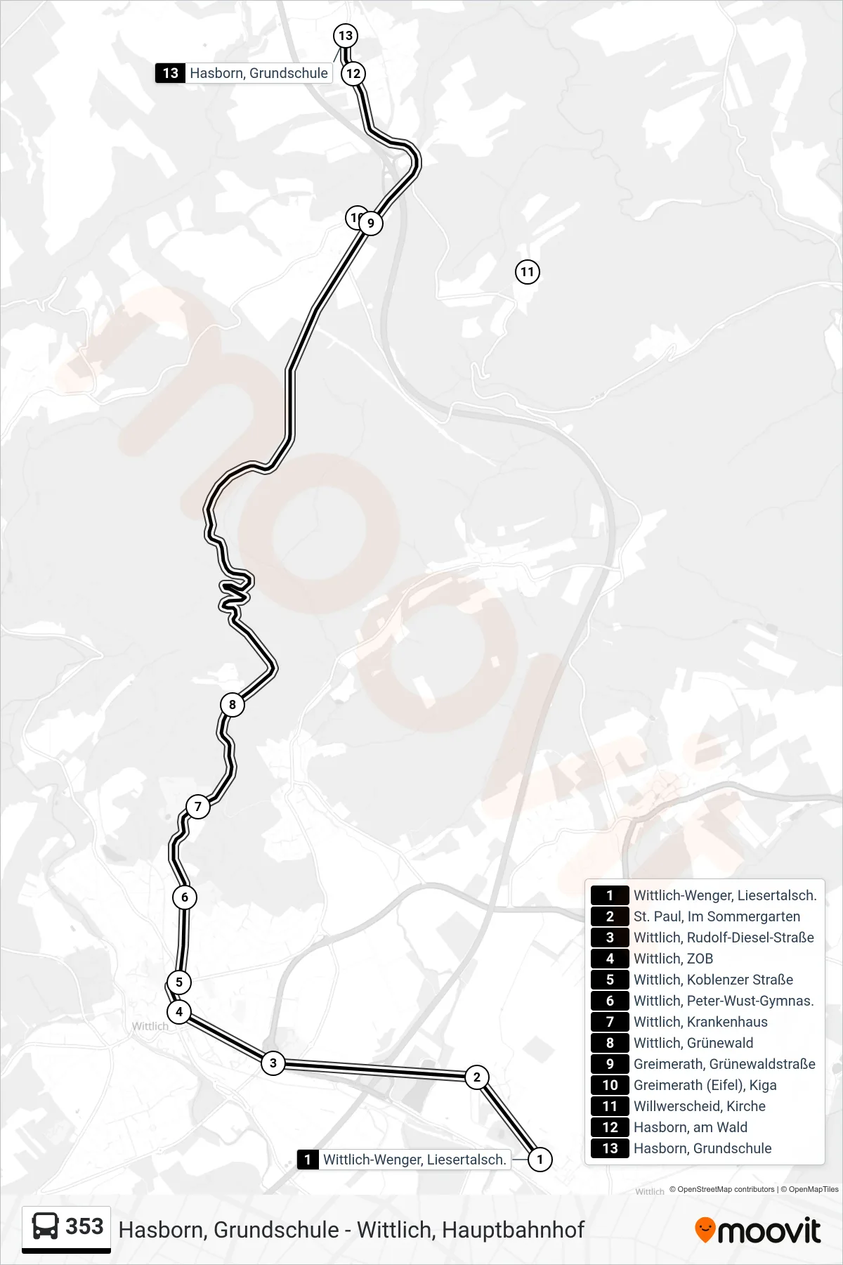 353 tram Line (Hasborn, Grundschule) route and stops on a map