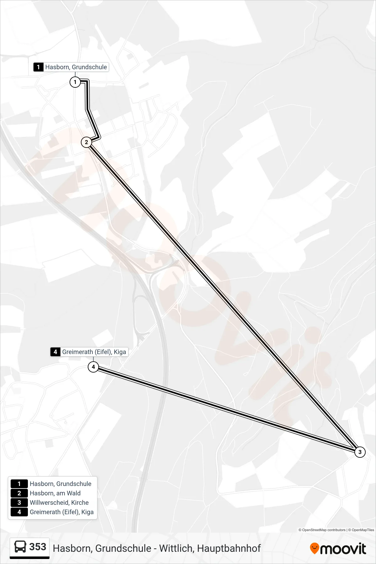 Linie 353 (Tram) Richtung Greimerath (Eifel), Kiga: Route und Haltestellen auf der Karte