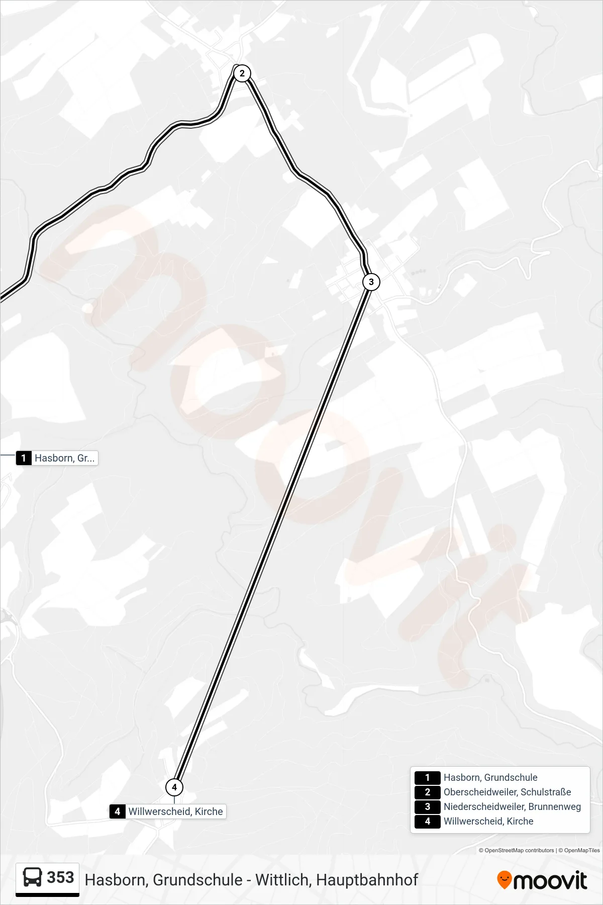 353 tram Line (Willwerscheid, Kirche) route and stops on a map