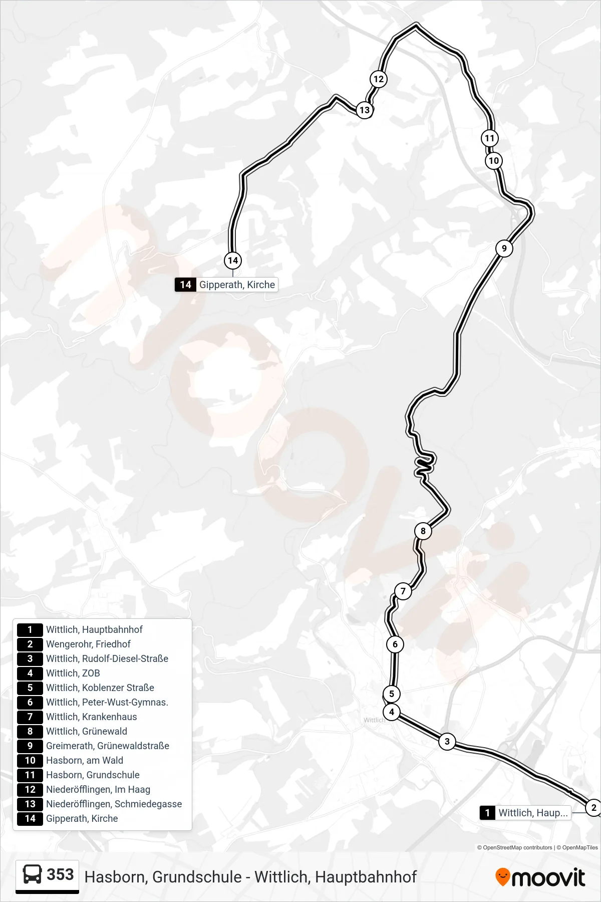 353 tram Line (Gipperath, Kirche) route and stops on a map