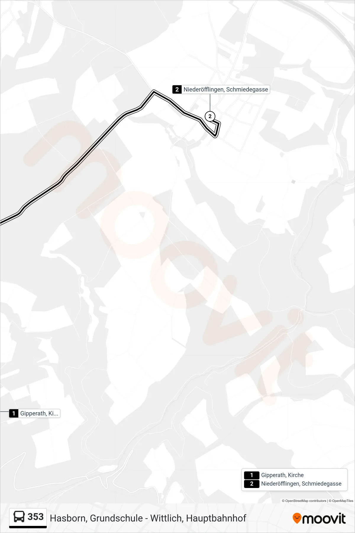 353 tram Line (Niederöfflingen, Schmiedegasse) route and stops on a map