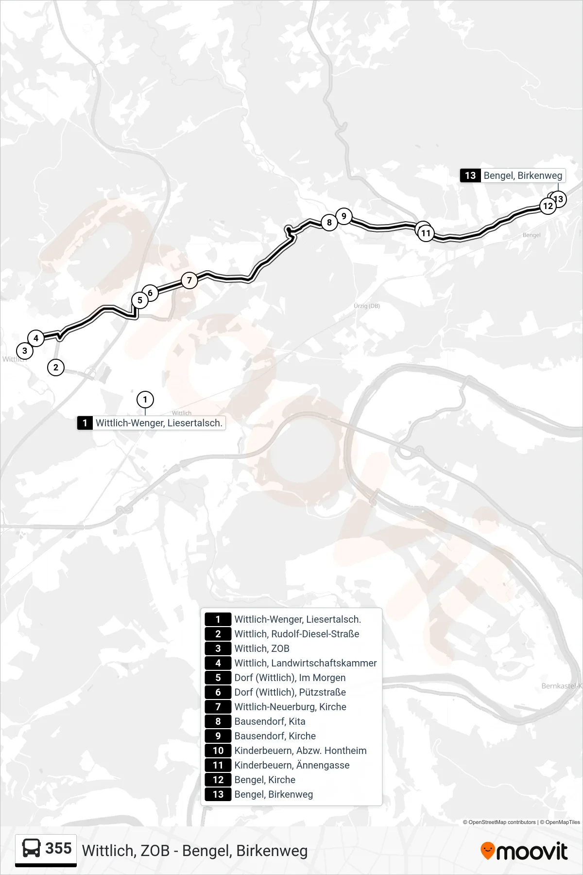 355 tram Line (Bengel, Birkenweg) route and stops on a map