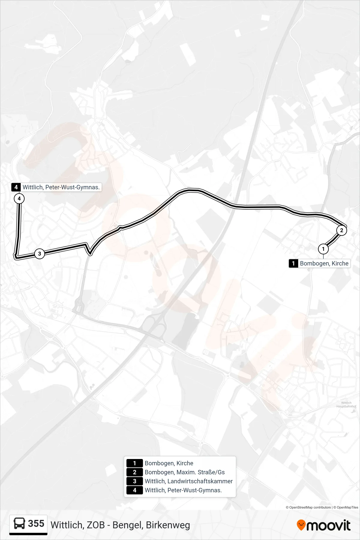 355 tram Line (Wittlich, Peter-Wust-Gymnas.) route and stops on a map