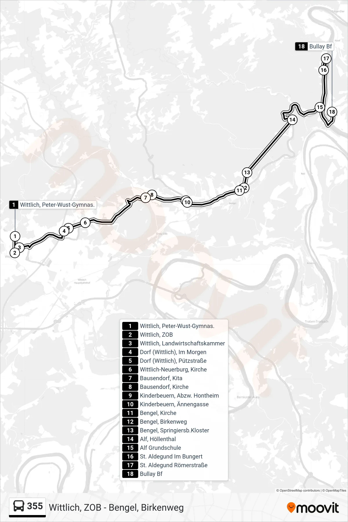 355 tram Line (Bullay Bf) route and stops on a map