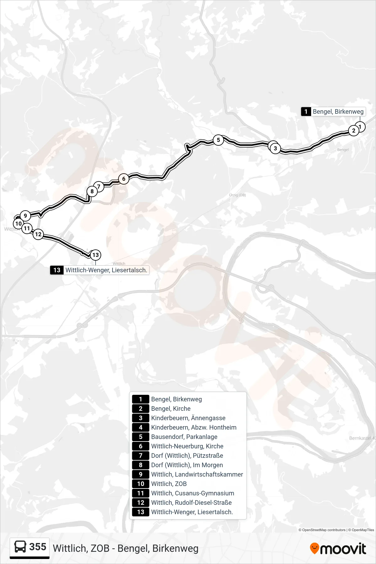 355 tram Line (Wittlich-Wenger, Liesertalsch.) route and stops on a map