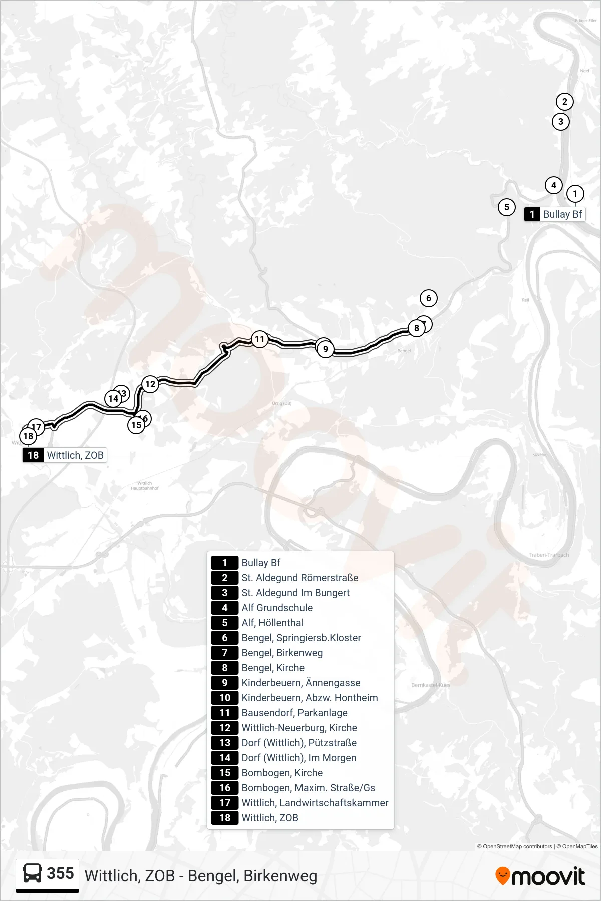355 tram Line (Wittlich, ZOB) route and stops on a map