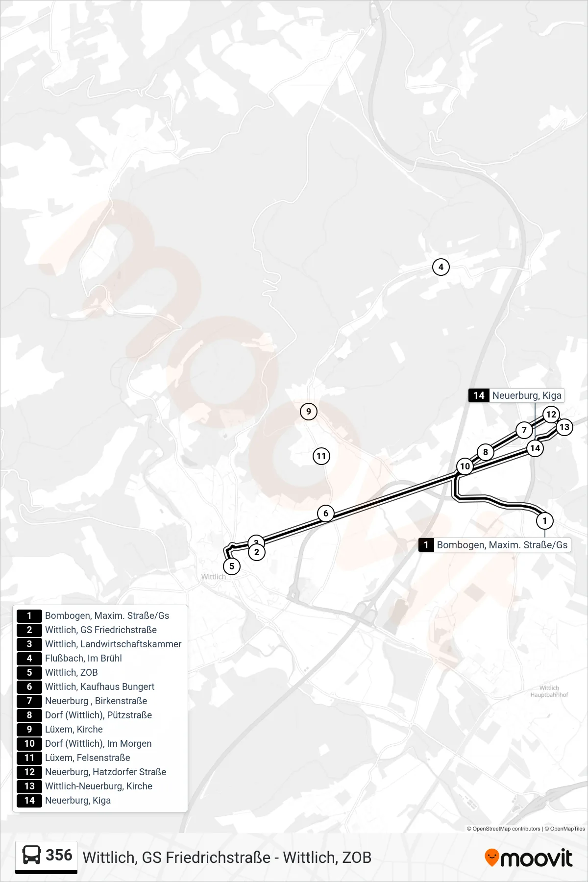 356 tram Line (Wittlich, ZOB) route and stops on a map