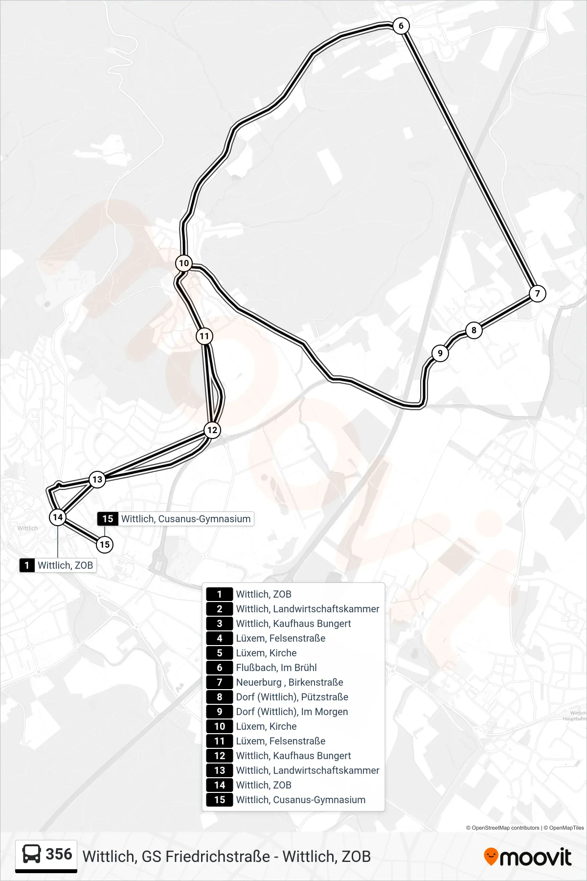 356 tram Line (Wittlich, Cusanus-Gymnasium) route and stops on a map