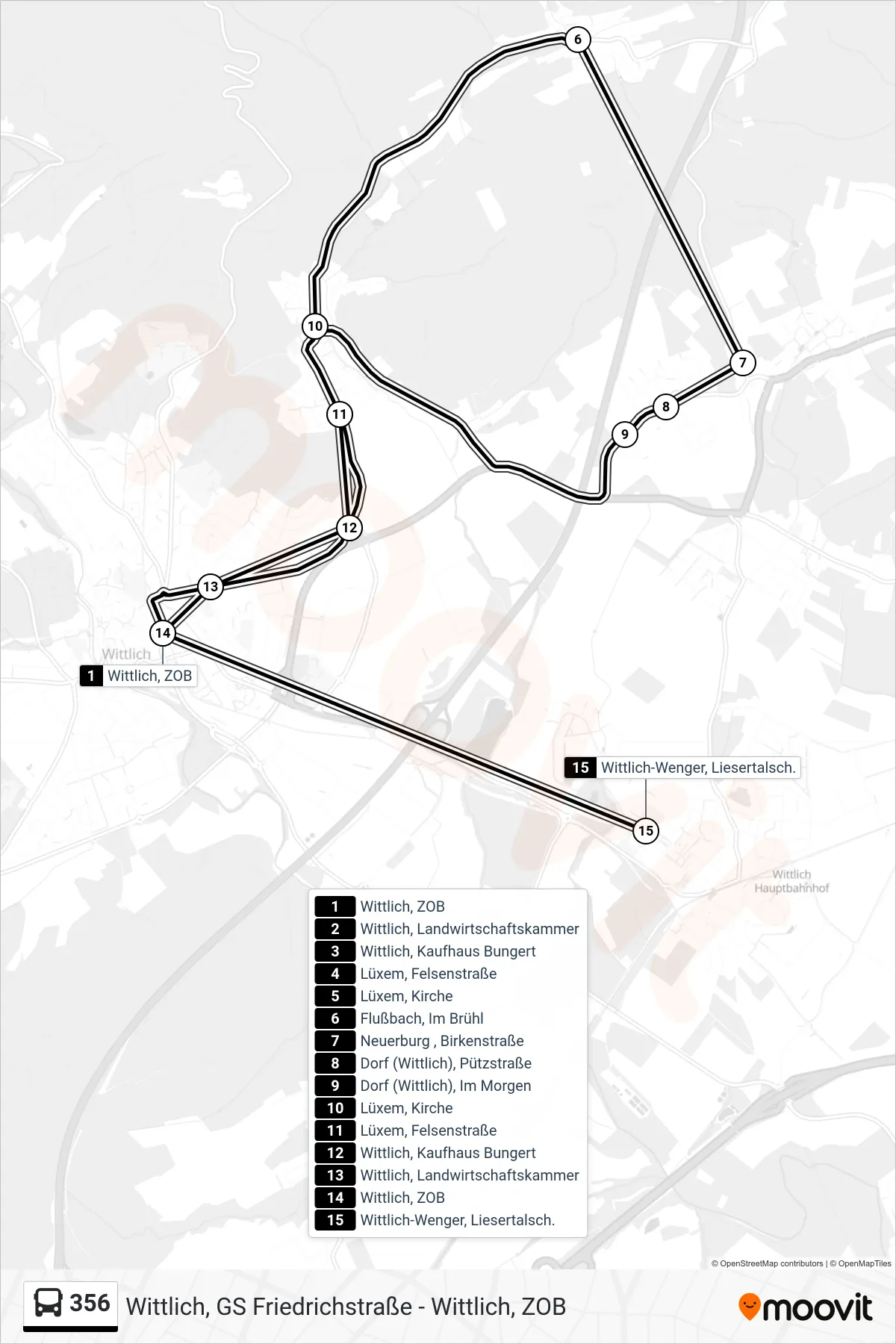 356 tram Line (Wittlich-Wenger, Liesertalsch.) route and stops on a map
