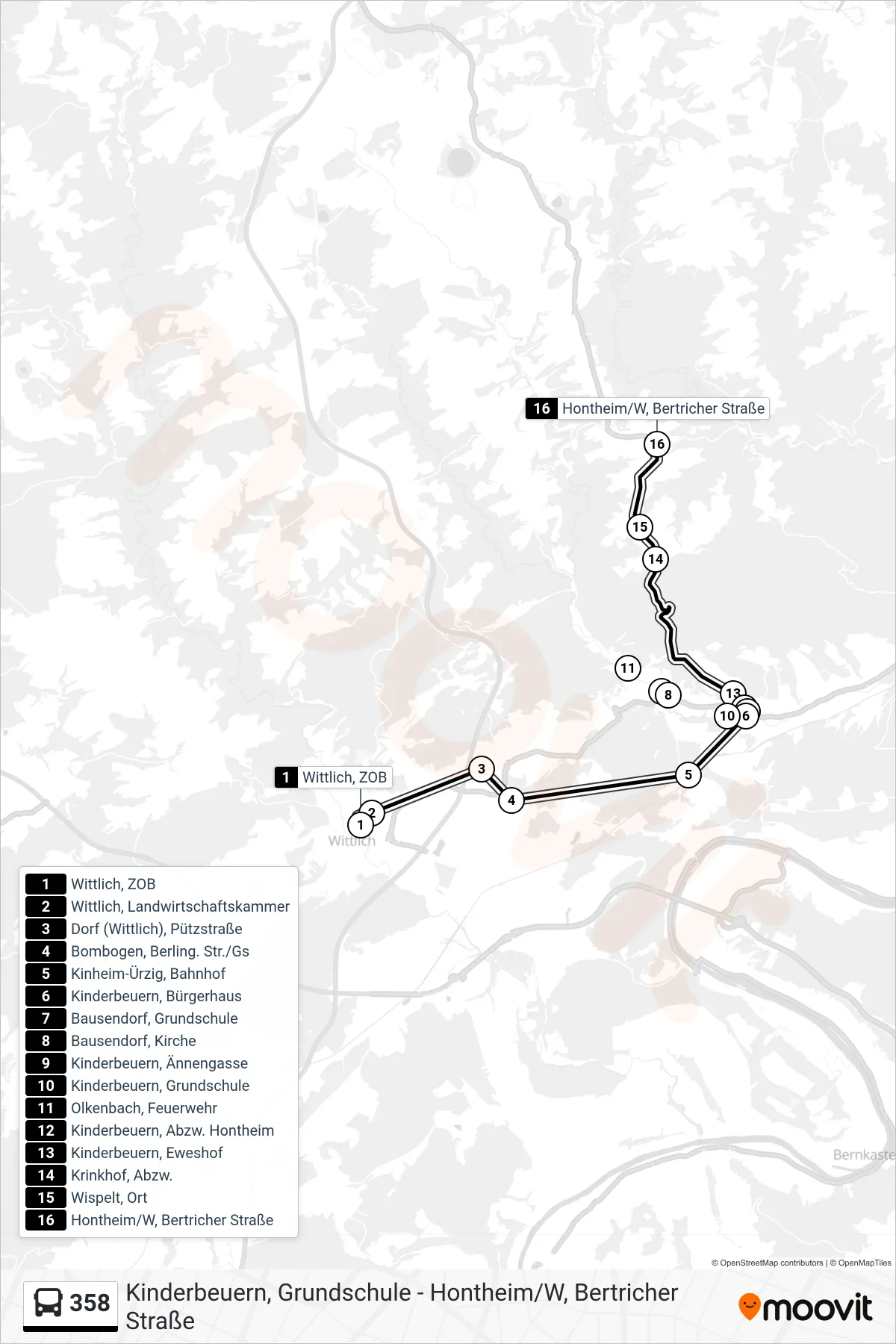 358 tram Line (Hontheim/W, Bertricher Straße) route and stops on a map