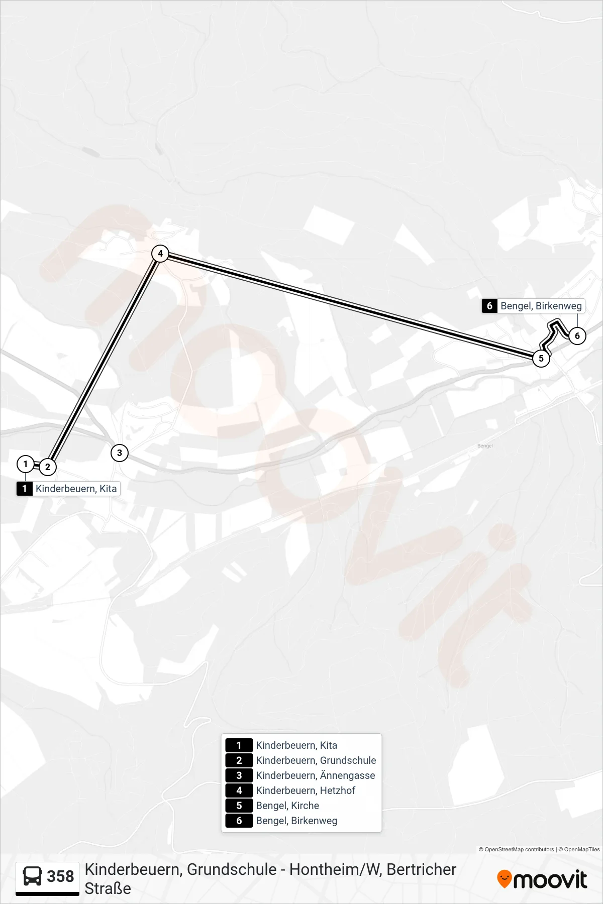 Linie 358 (Tram) Richtung Bengel, Birkenweg: Route und Haltestellen auf der Karte