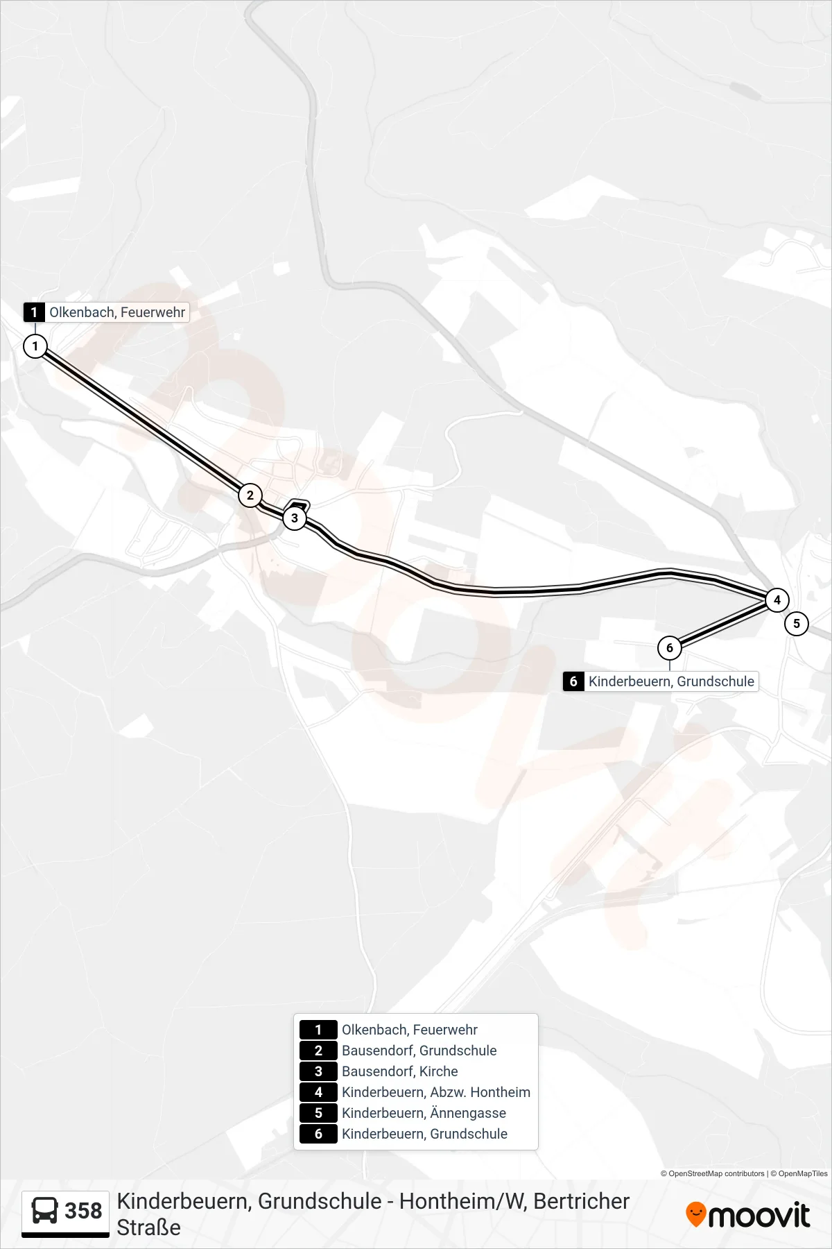 358 tram Line (Kinderbeuern, Grundschule) route and stops on a map