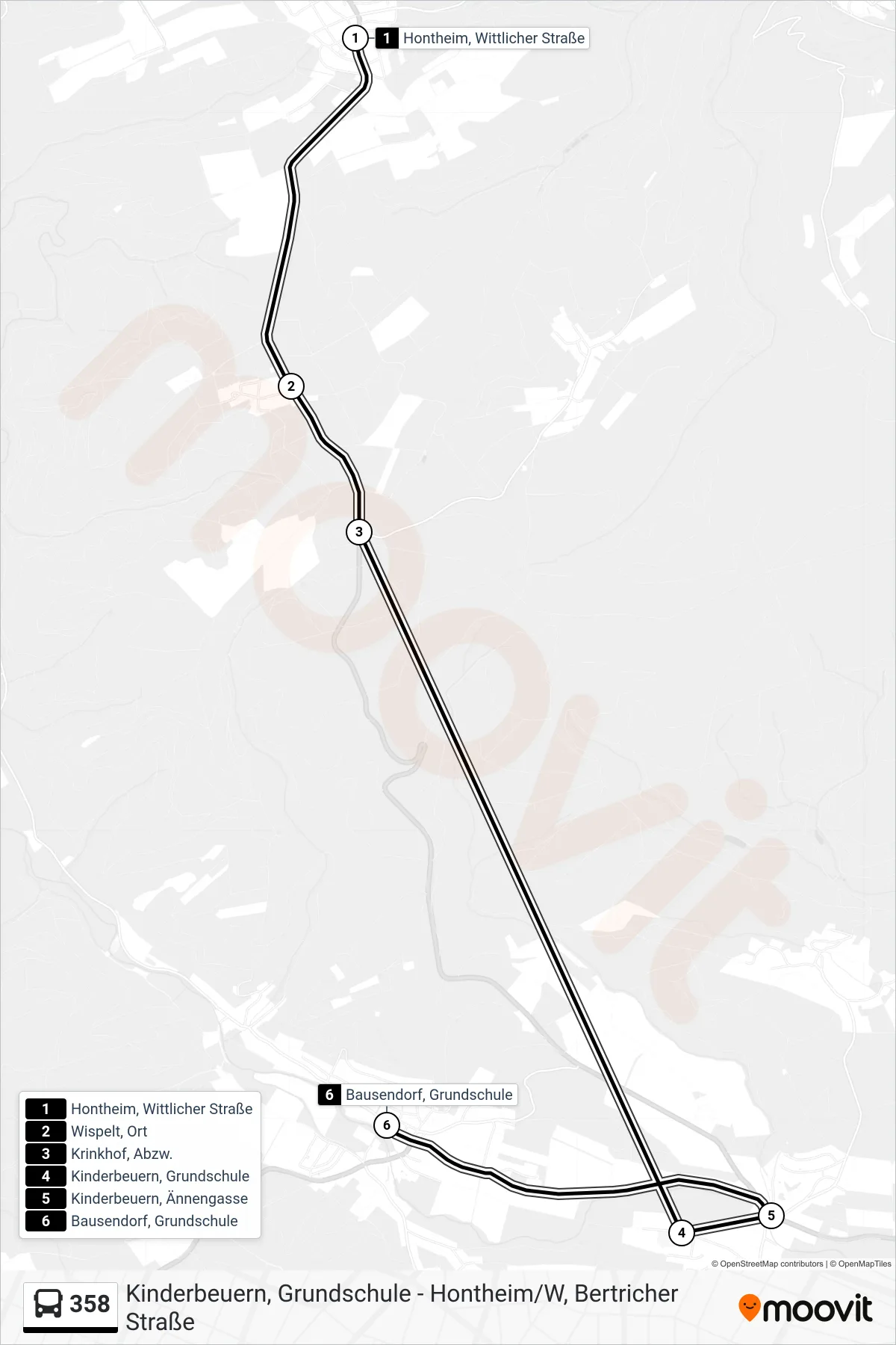 358 tram Line (Bausendorf, Grundschule) route and stops on a map