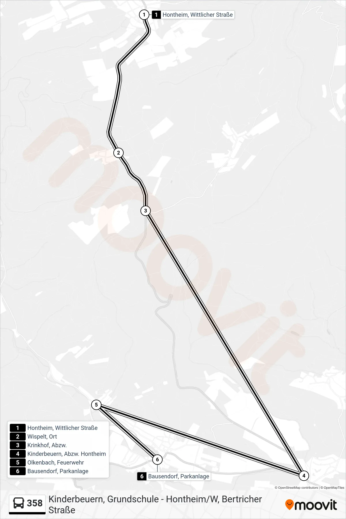 358 tram Line (Bausendorf, Parkanlage) route and stops on a map