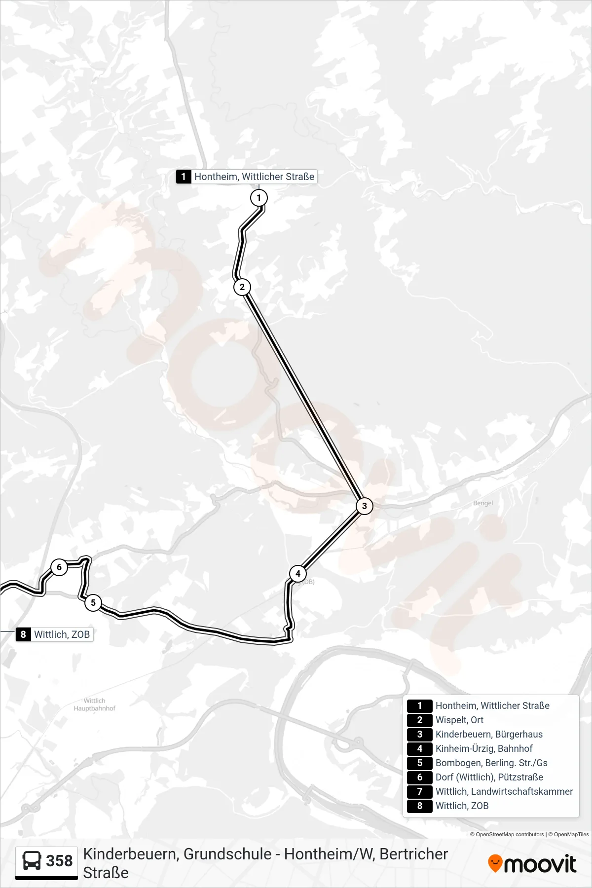 358 tram Line (Wittlich, ZOB) route and stops on a map