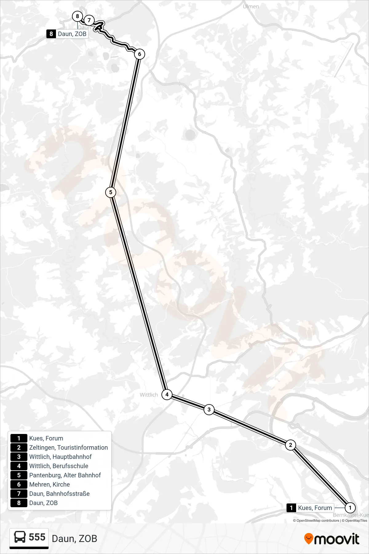 555 tram Line (Daun, ZOB) route and stops on a map