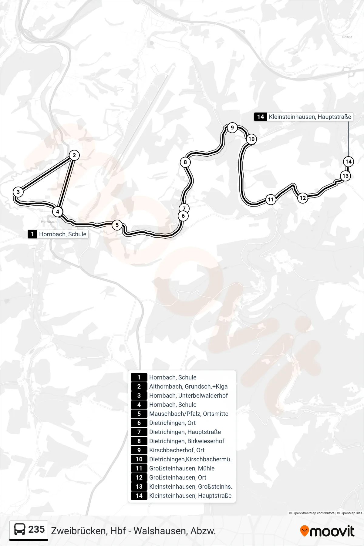 235 bus Line (Kleinsteinhausen, Hauptstraße) route and stops on a map