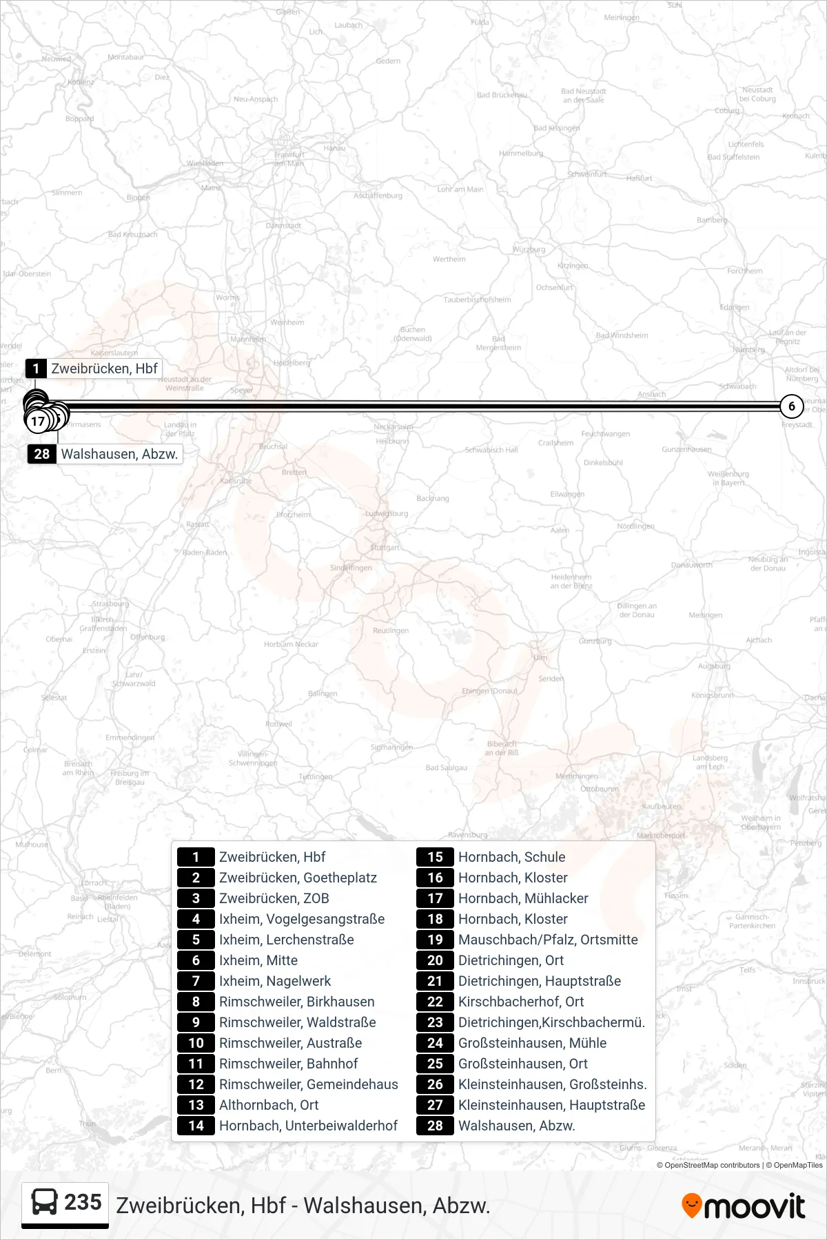 235 bus Line (Walshausen, Abzw.) route and stops on a map