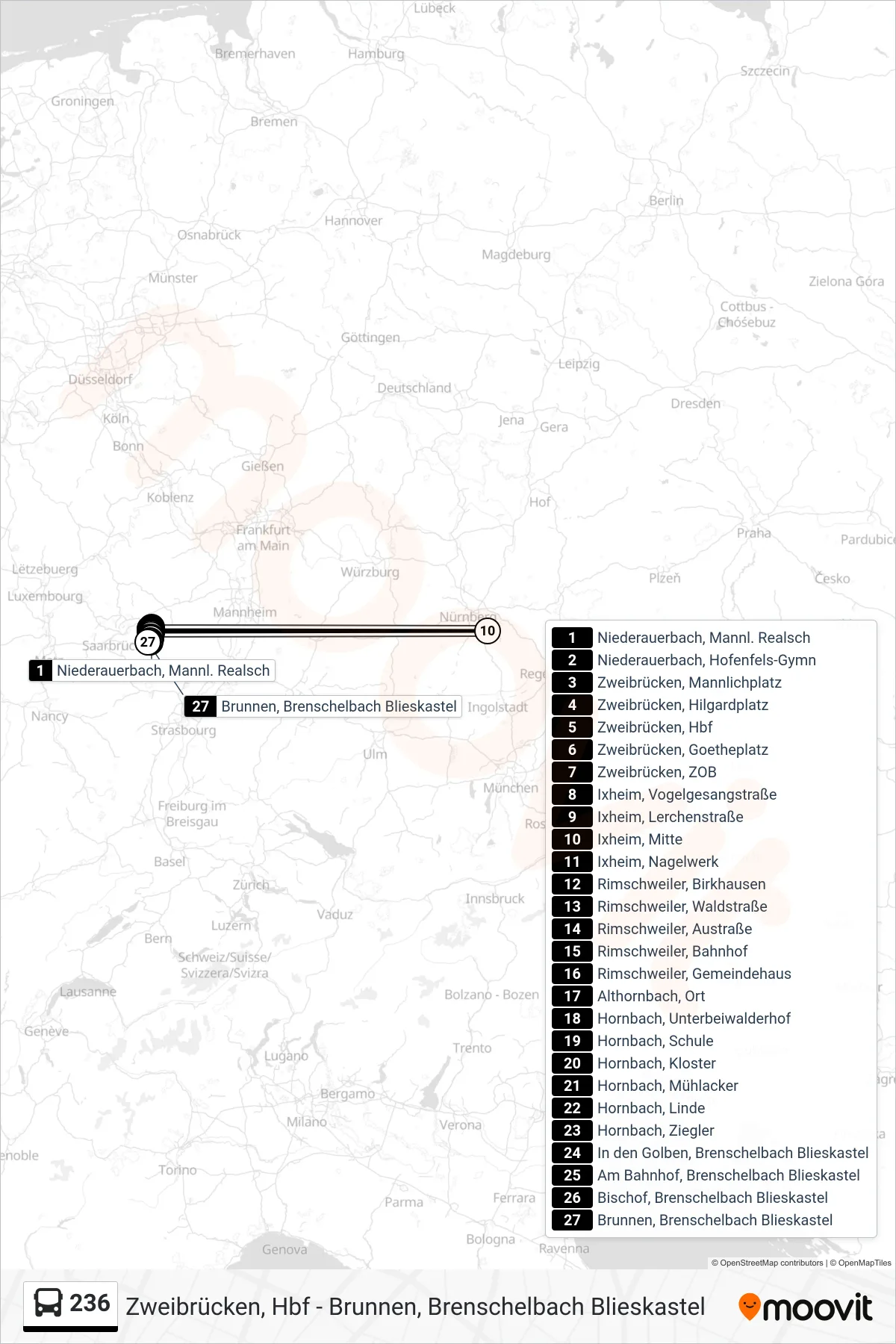 236 bus Line (Brunnen, Brenschelbach Blieskastel) route and stops on a map