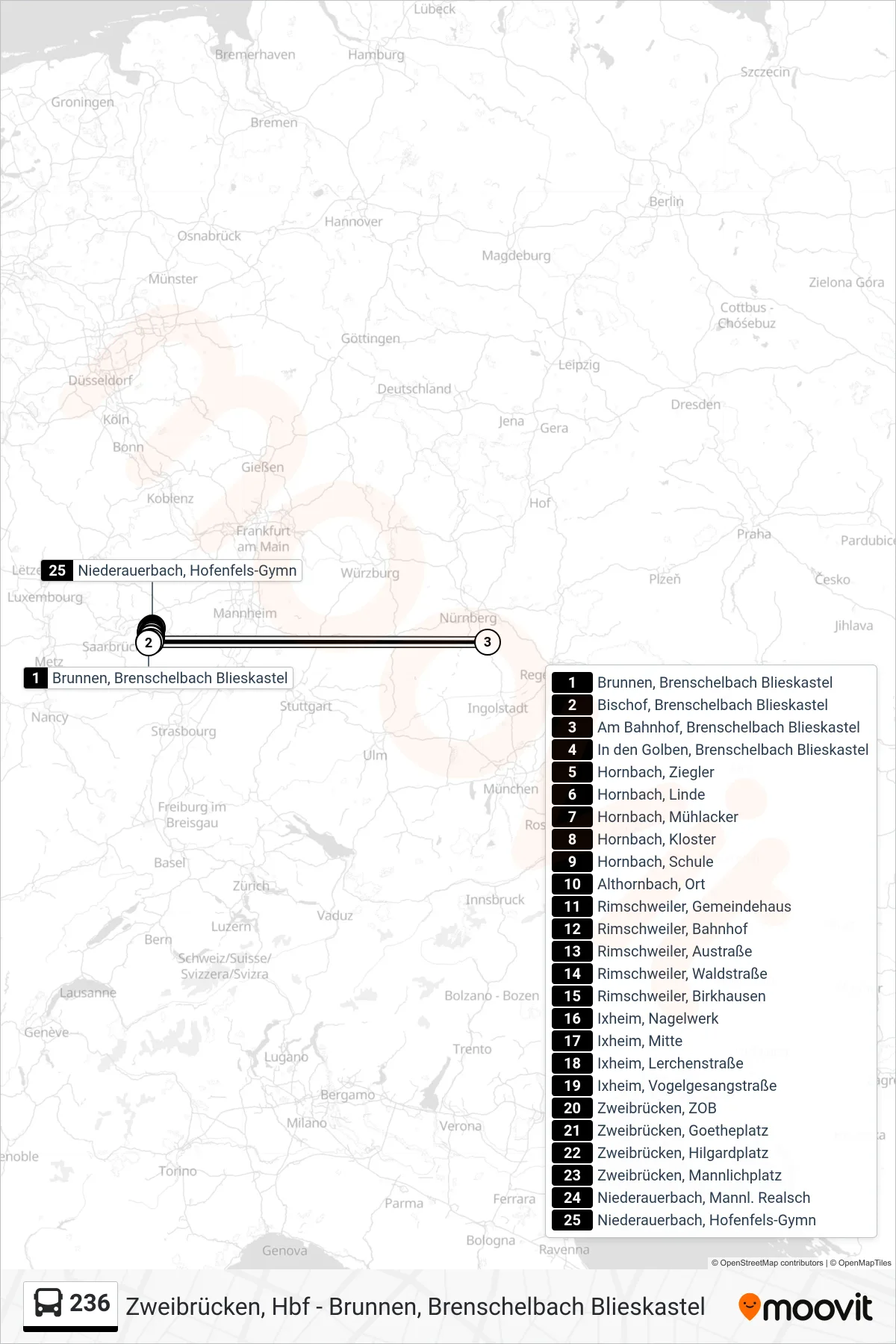 236 bus Line (Niederauerbach, Hofenfels-Gymn) route and stops on a map