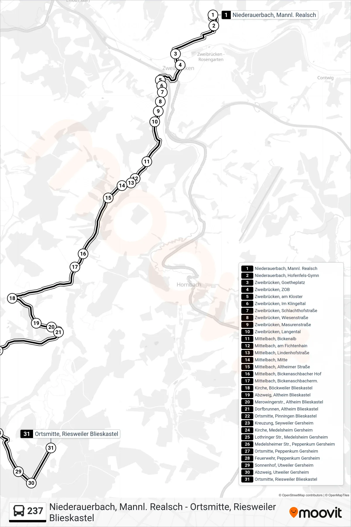 Linie 237 (Bus) Richtung Ortsmitte, Riesweiler Blieskastel: Route und Haltestellen auf der Karte