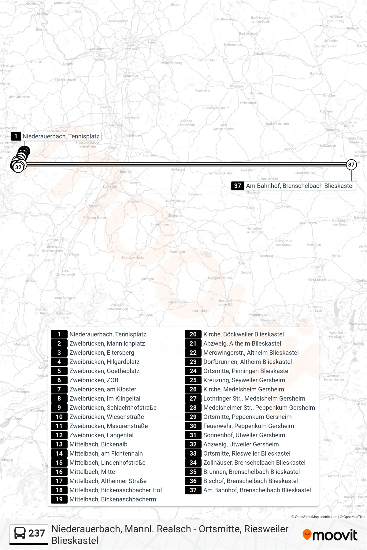 237 bus Line (Am Bahnhof, Brenschelbach Blieskastel) route and stops on a map