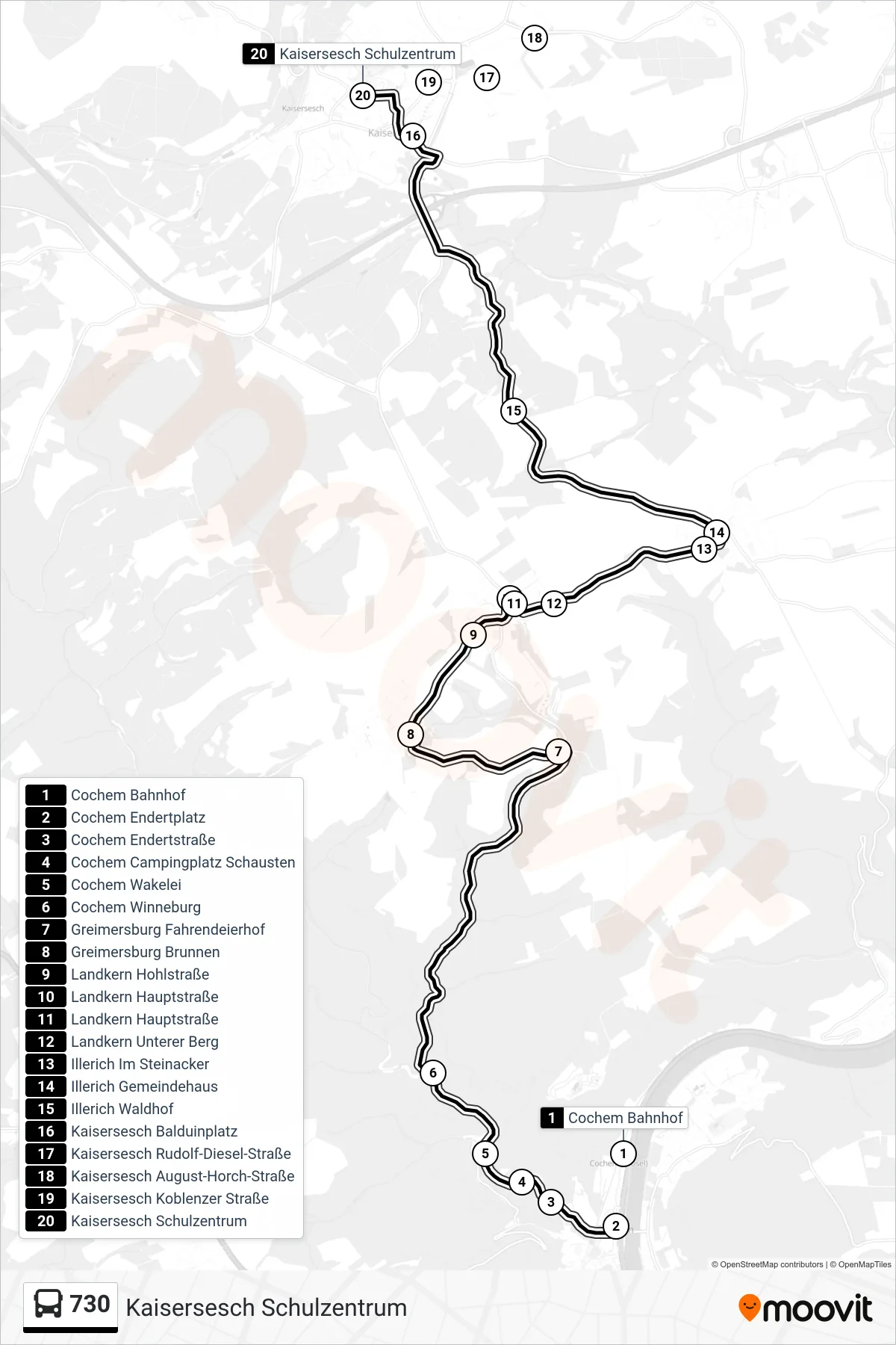 730 bus Line (Kaisersesch Schulzentrum) route and stops on a map