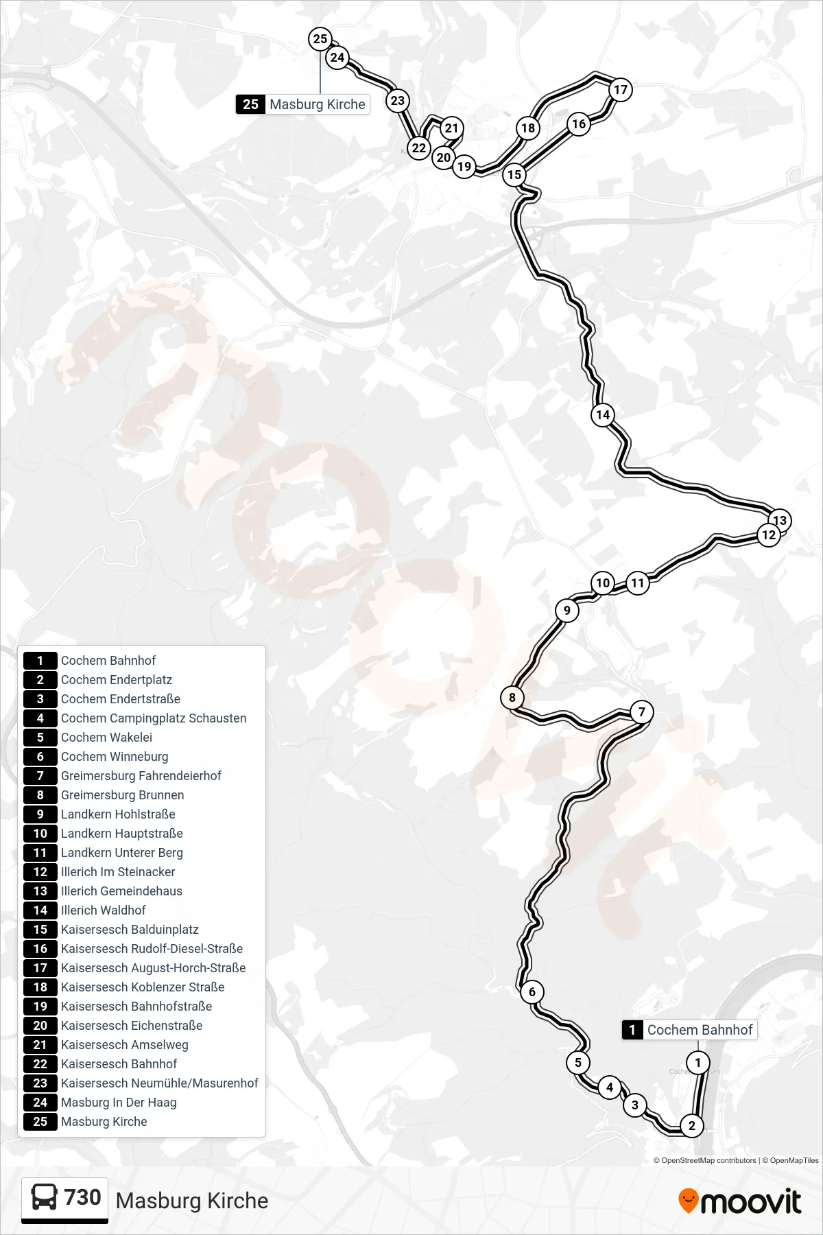 730 bus Line (Masburg Kirche) route and stops on a map