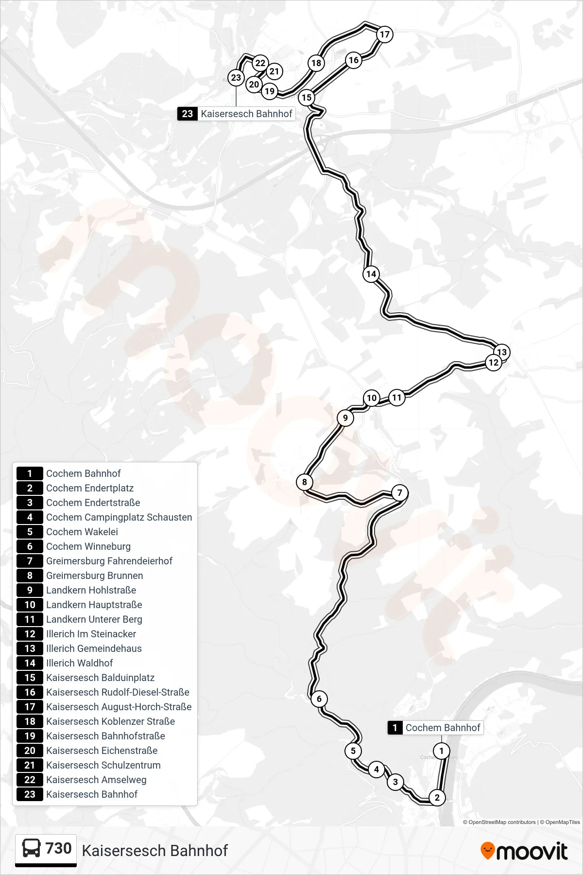 730 bus Line (Kaisersesch Bahnhof) route and stops on a map
