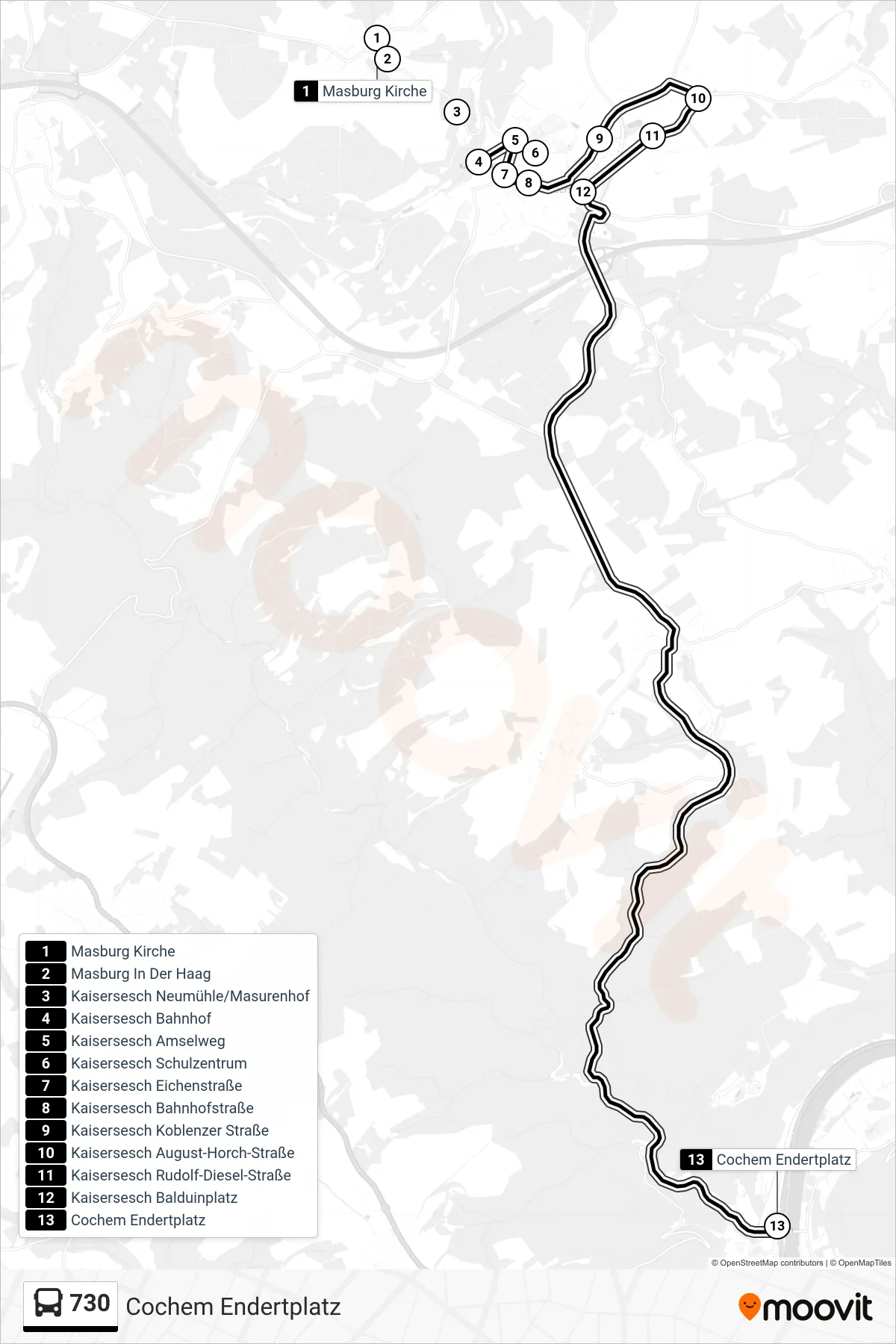 730 bus Line (Cochem Endertplatz) route and stops on a map