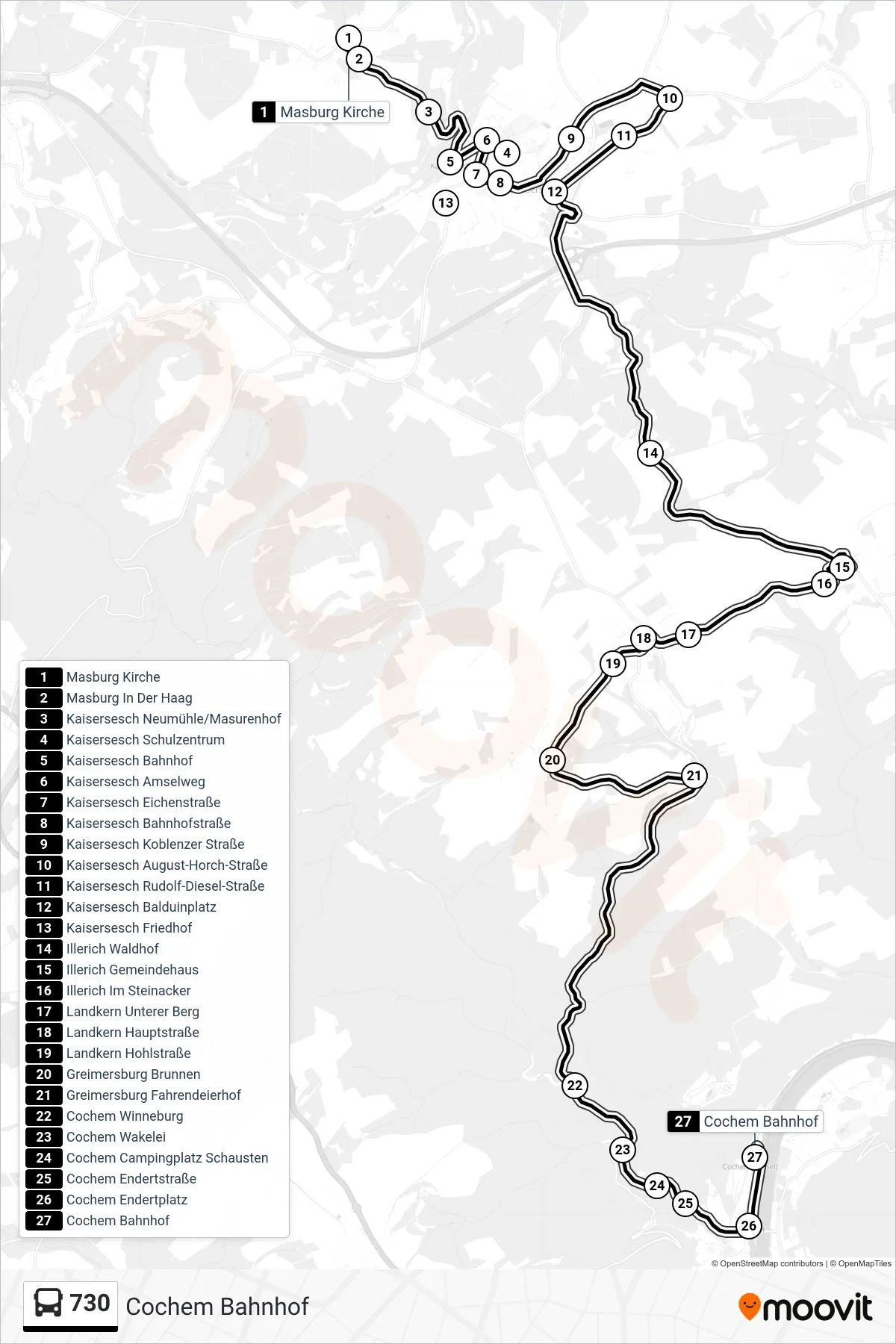 730 bus Line (Cochem Bahnhof) route and stops on a map