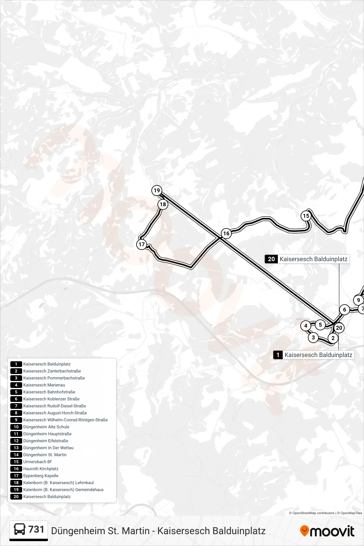 731 bus Line (Kaisersesch Balduinplatz) route and stops on a map