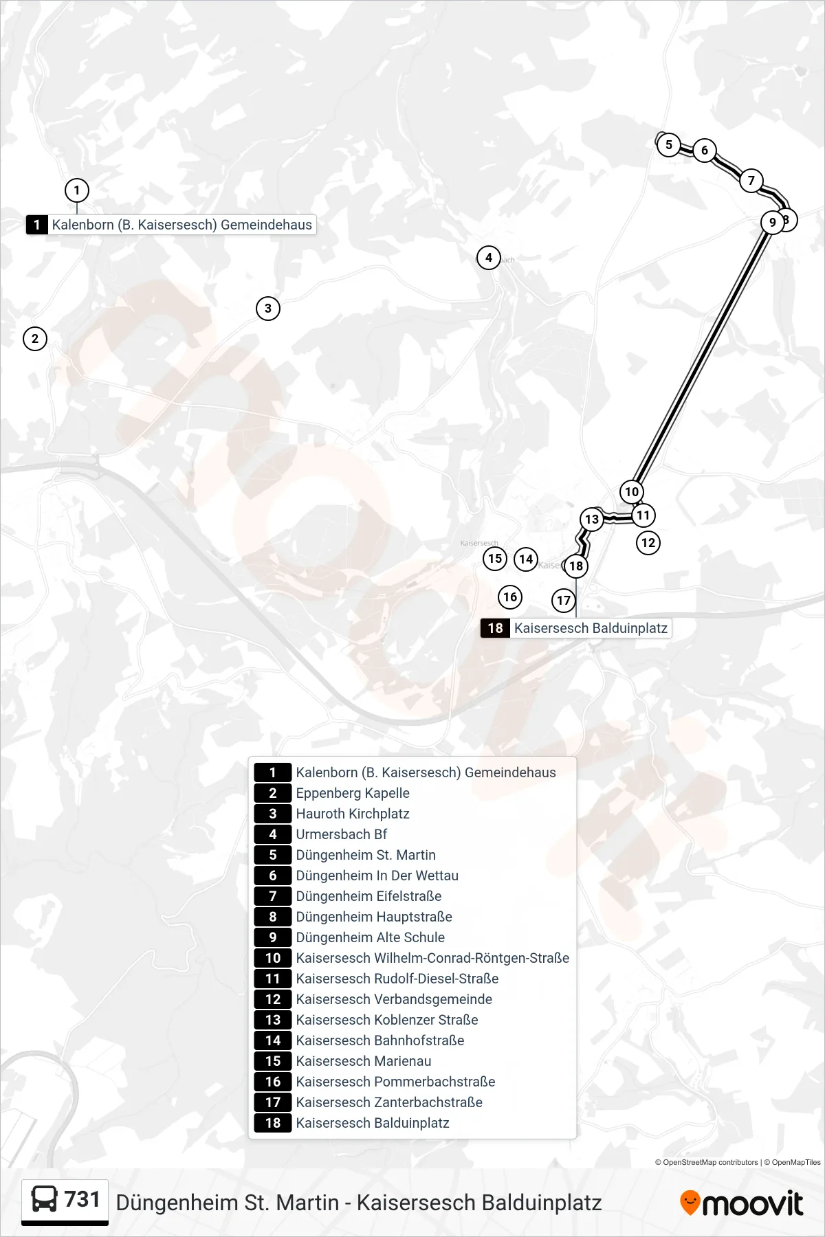 Linie 731 (Bus) Richtung Kaisersesch Balduinplatz: Route und Haltestellen auf der Karte