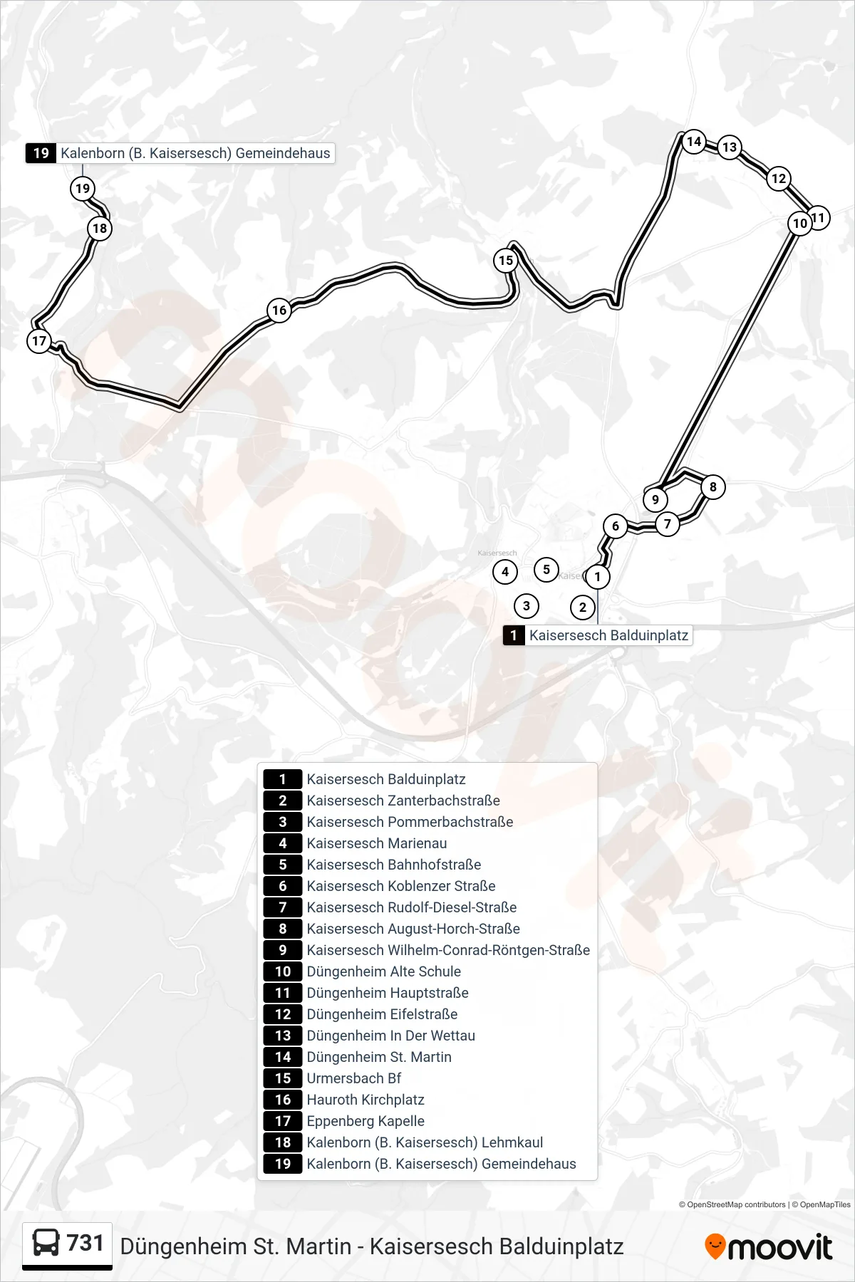 731 bus Line (Kalenborn (B. Kaisersesch) Gemeindehaus) route and stops on a map