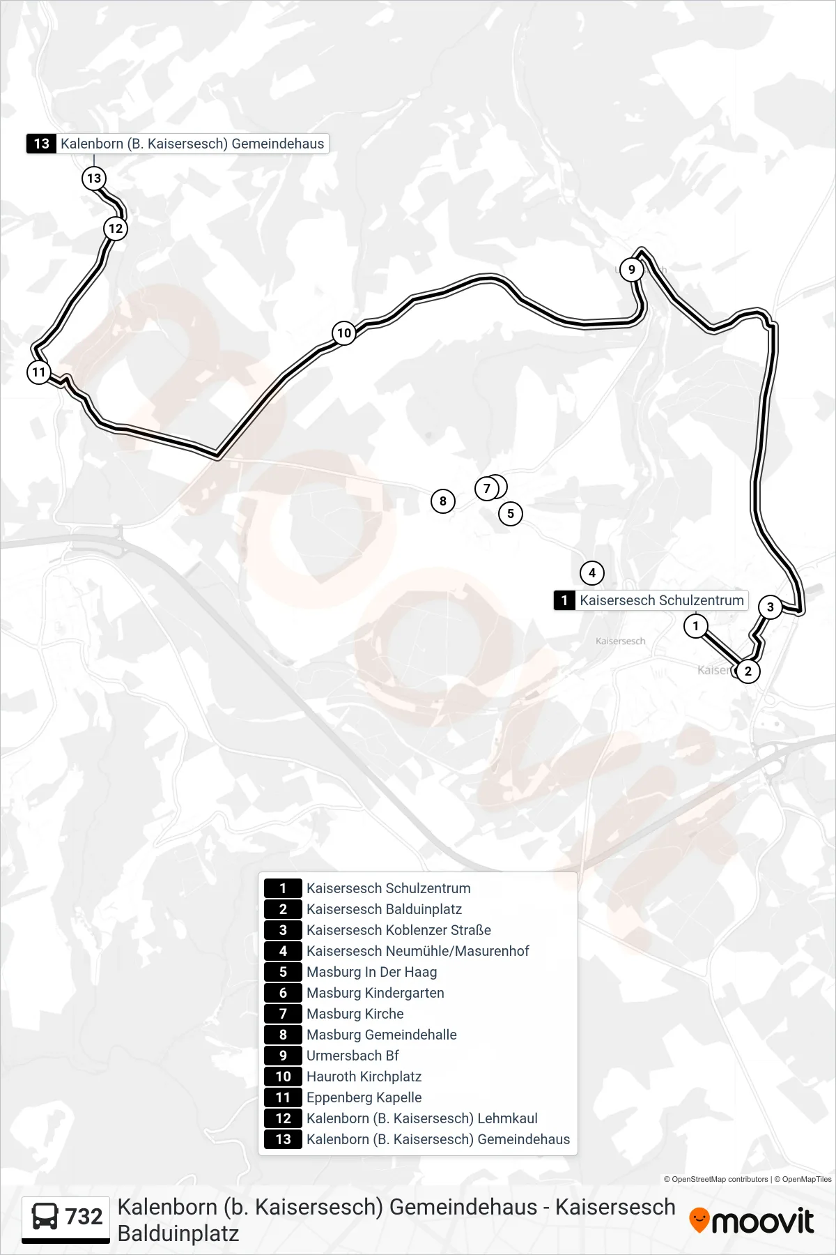 732 bus Line (Kalenborn (B. Kaisersesch) Gemeindehaus) route and stops on a map