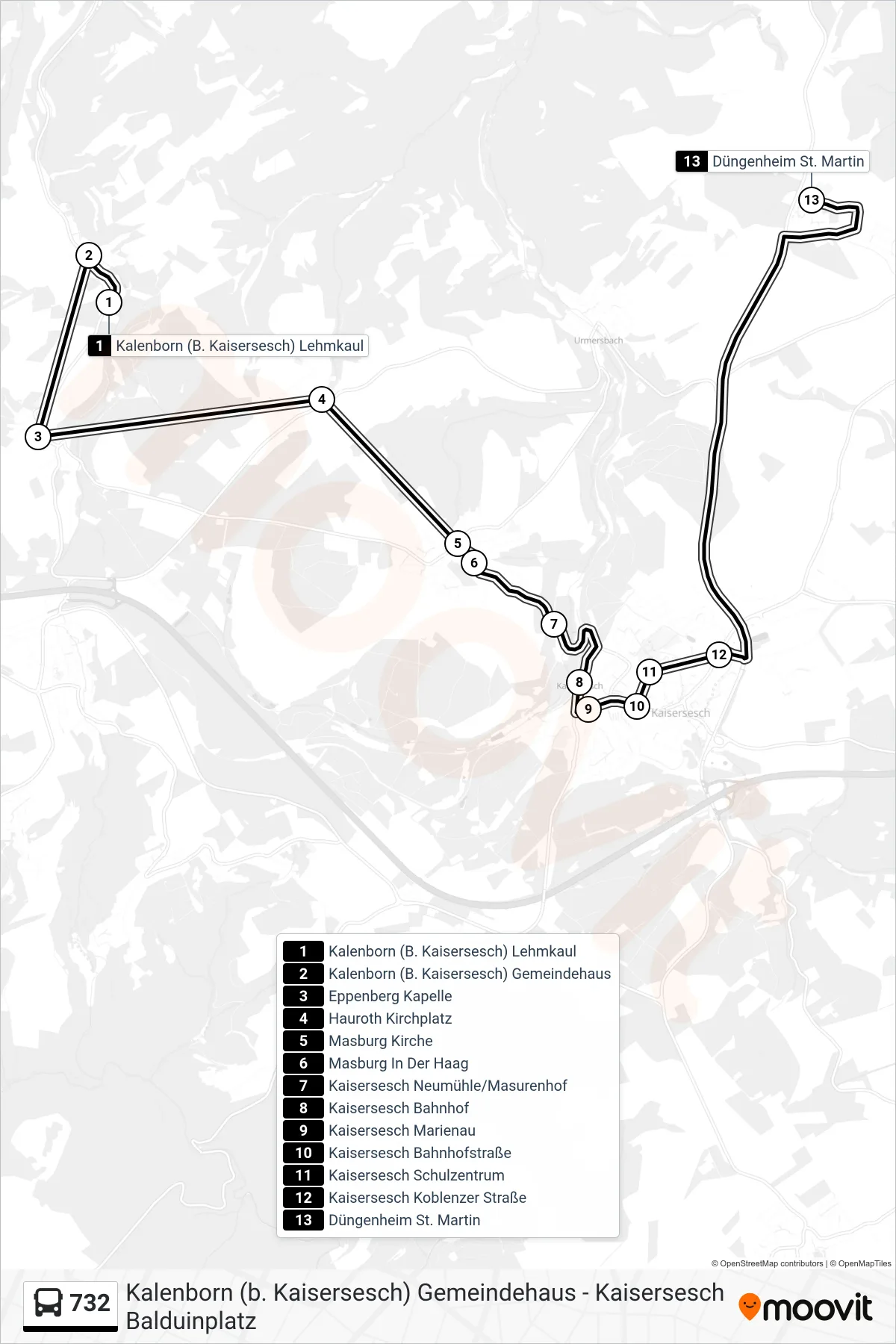 732 bus Line (Düngenheim St. Martin) route and stops on a map