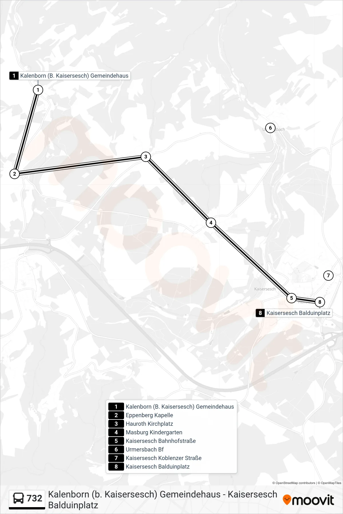 732 bus Line (Kaisersesch Balduinplatz) route and stops on a map